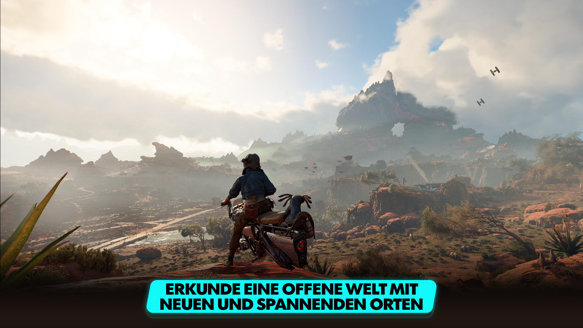 Person auf Motorrad in Wüstenlandschaft, mit Spieloberfläche.