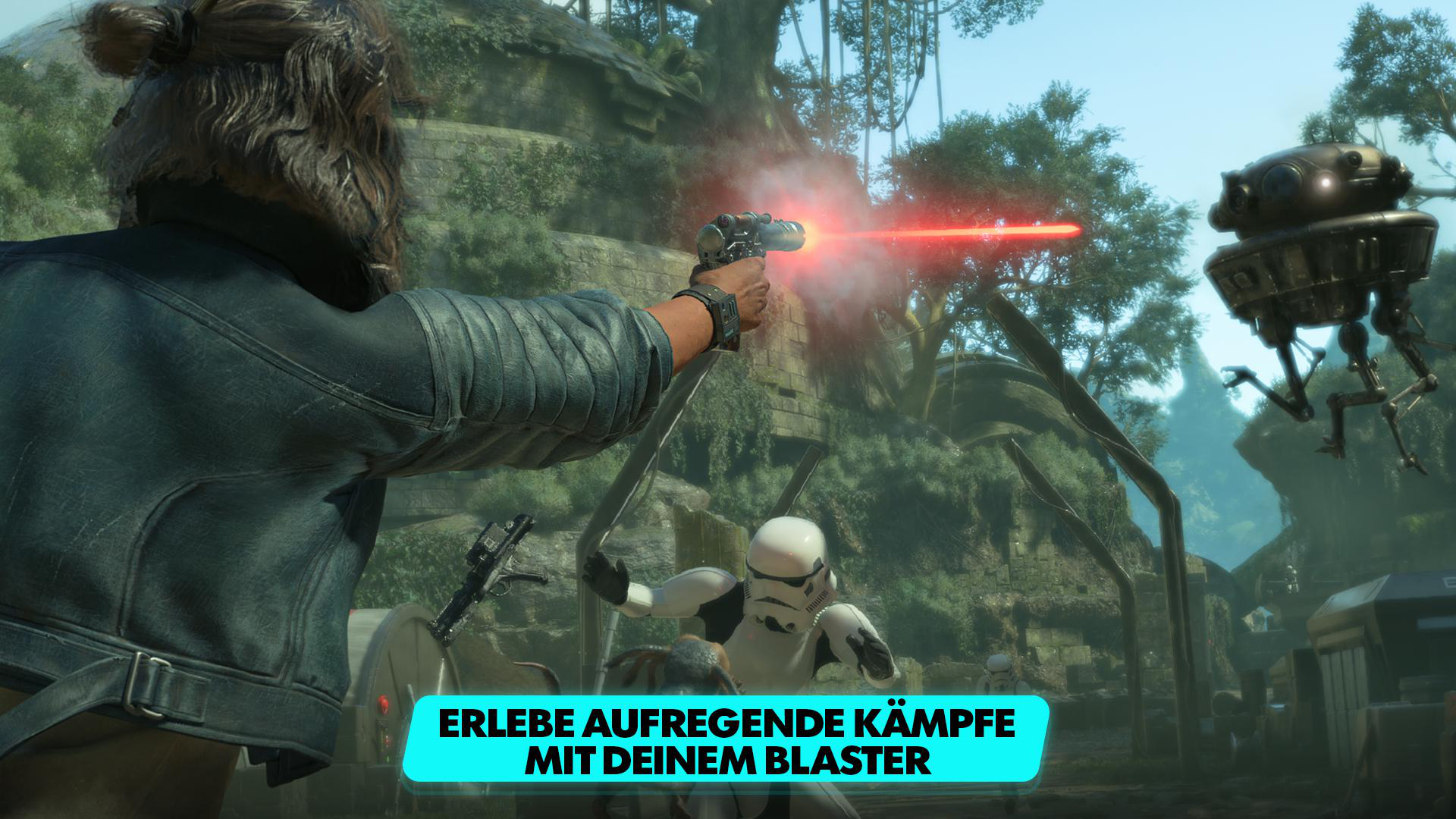 Eine Person schießt mit einer Waffe, ein Sturmtruppler und ein schwebender Droide im Wald.