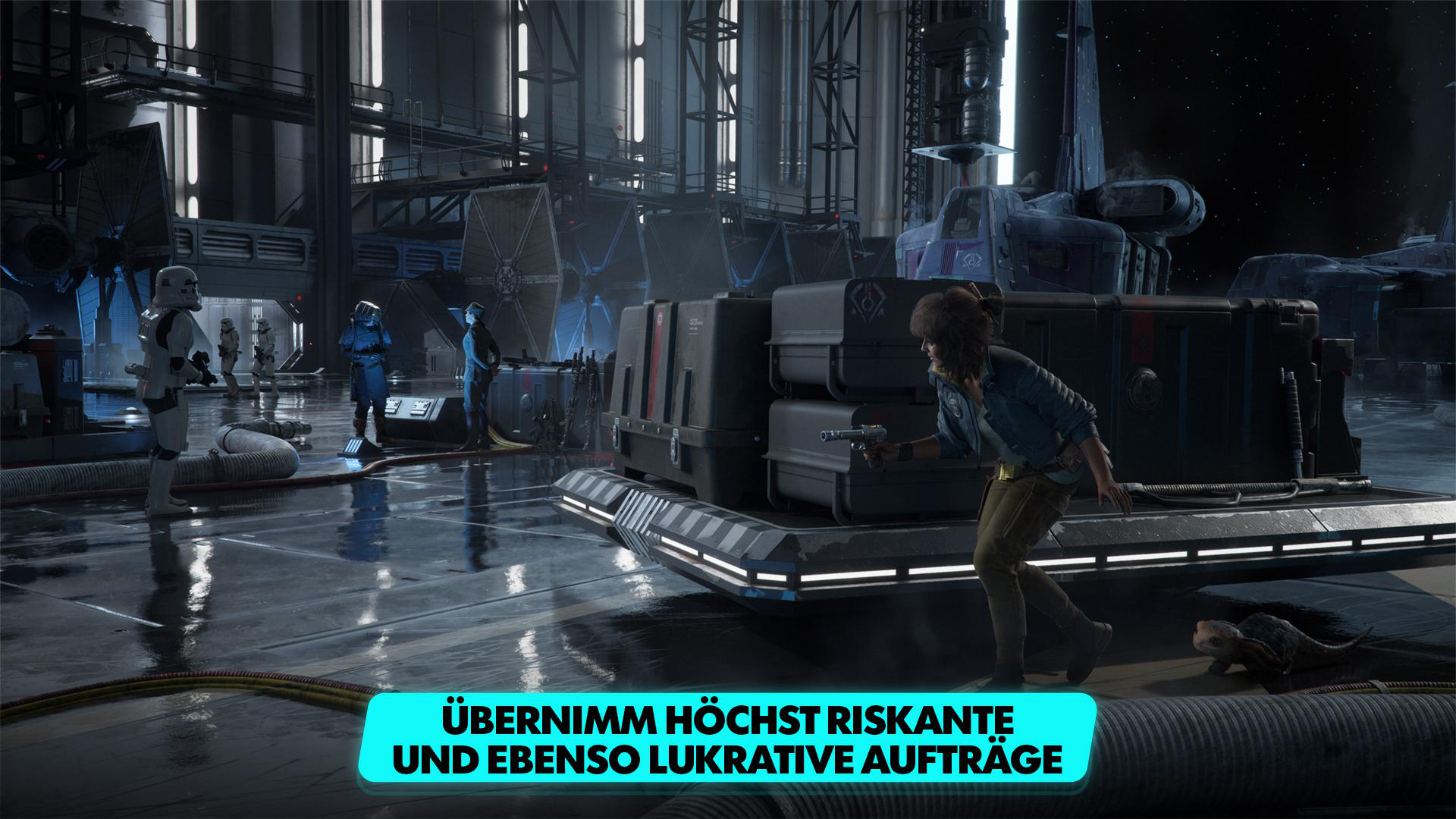 Szene aus einem Star Wars-Spiel mit Charakteren in einem Hangar und Textüberlagerung.