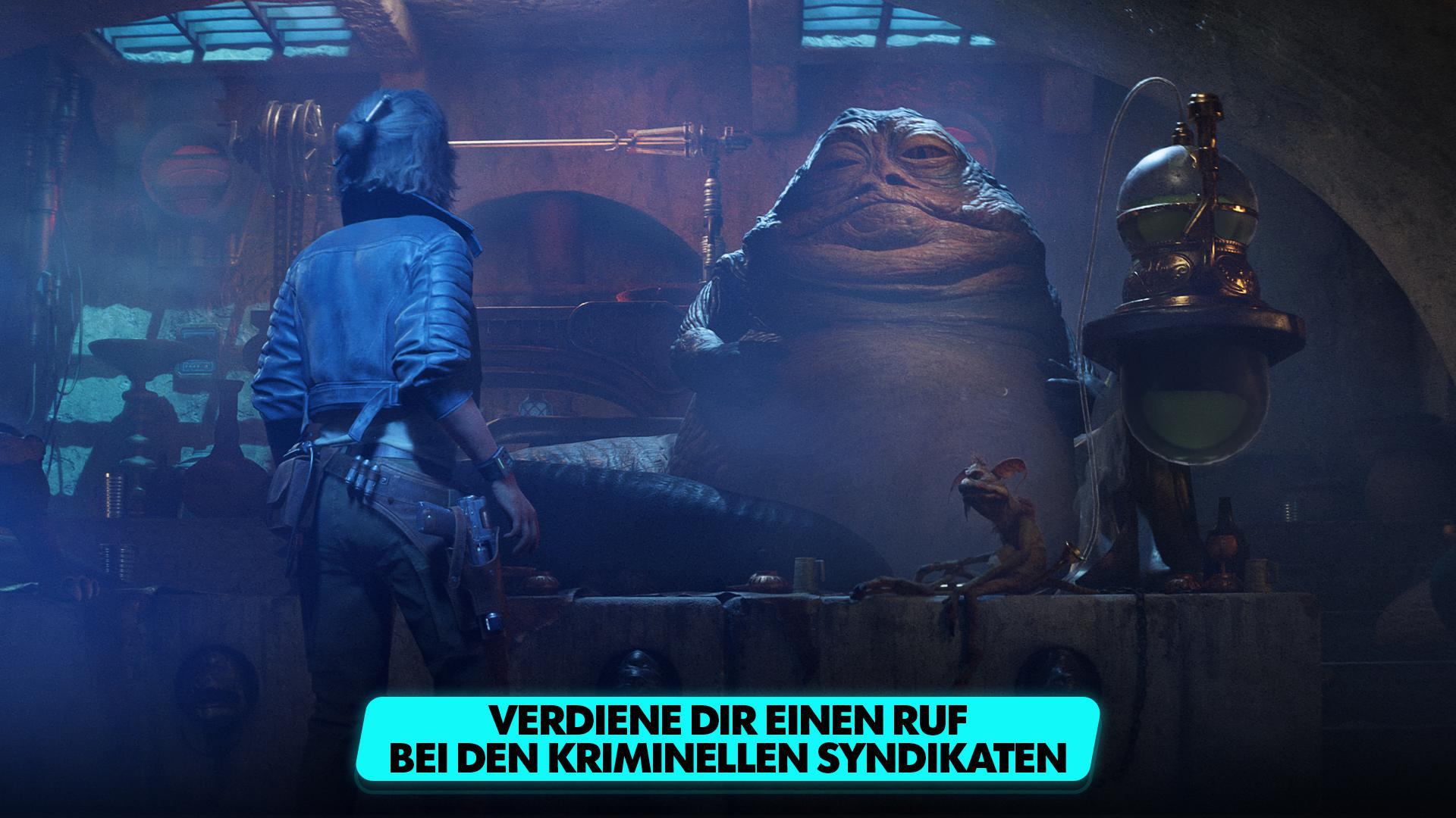 Jabba the Hutt mit einer Person, die ihm gegenübersteht. Text unten: „Verdiene dir einen Ruf“.