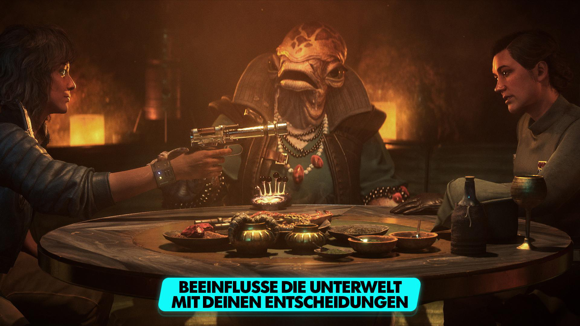 Szene aus einem Film: Personen an einem Tisch, einer hält eine Waffe.