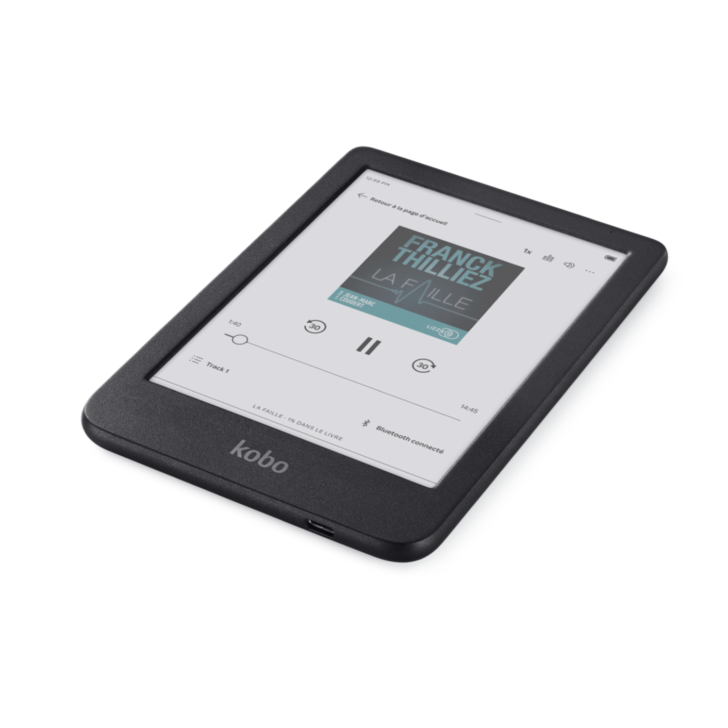 Un lecteur ebook noir affiche une couverture de livre, avec un fond blanc. Le logo Kobo est visible.