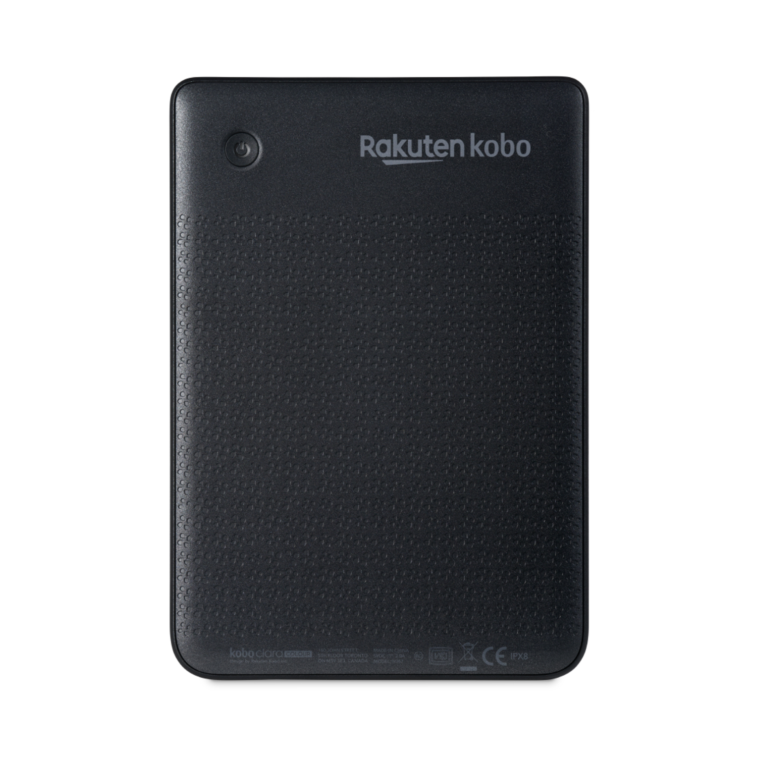 L'arrière d'un lecteur électronique Rakuten Kobo. Comprend une surface noire texturée avec le nom de la marque.