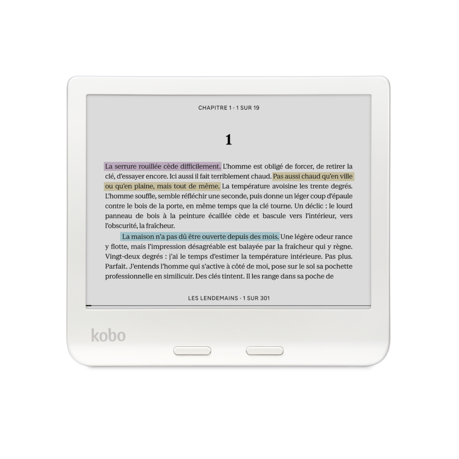 Liseuse électronique affichant du texte avec des mots en surbrillance, sur fond blanc.