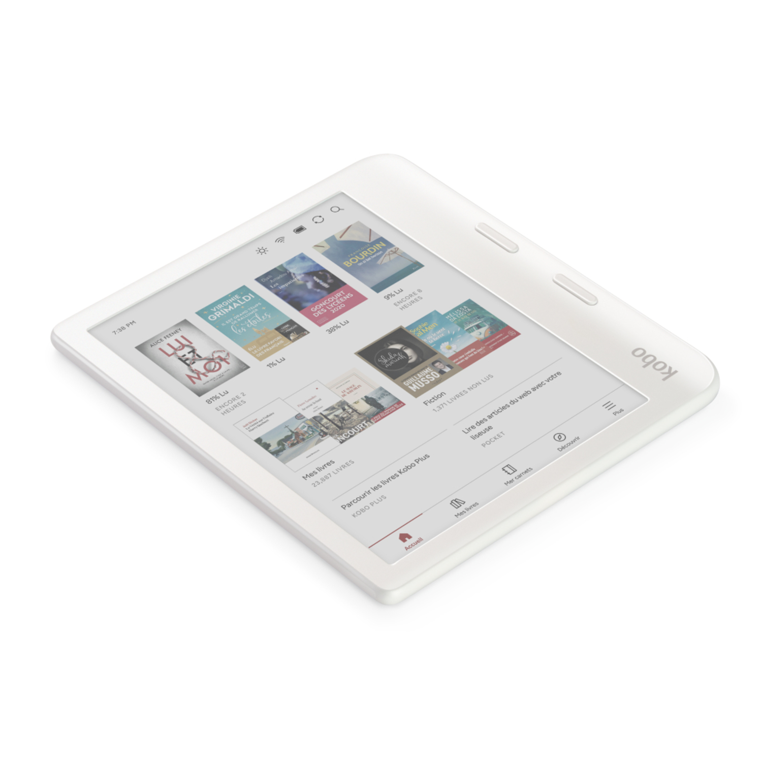 Liseuse blanche affichant des couvertures de livres sur une surface blanche.