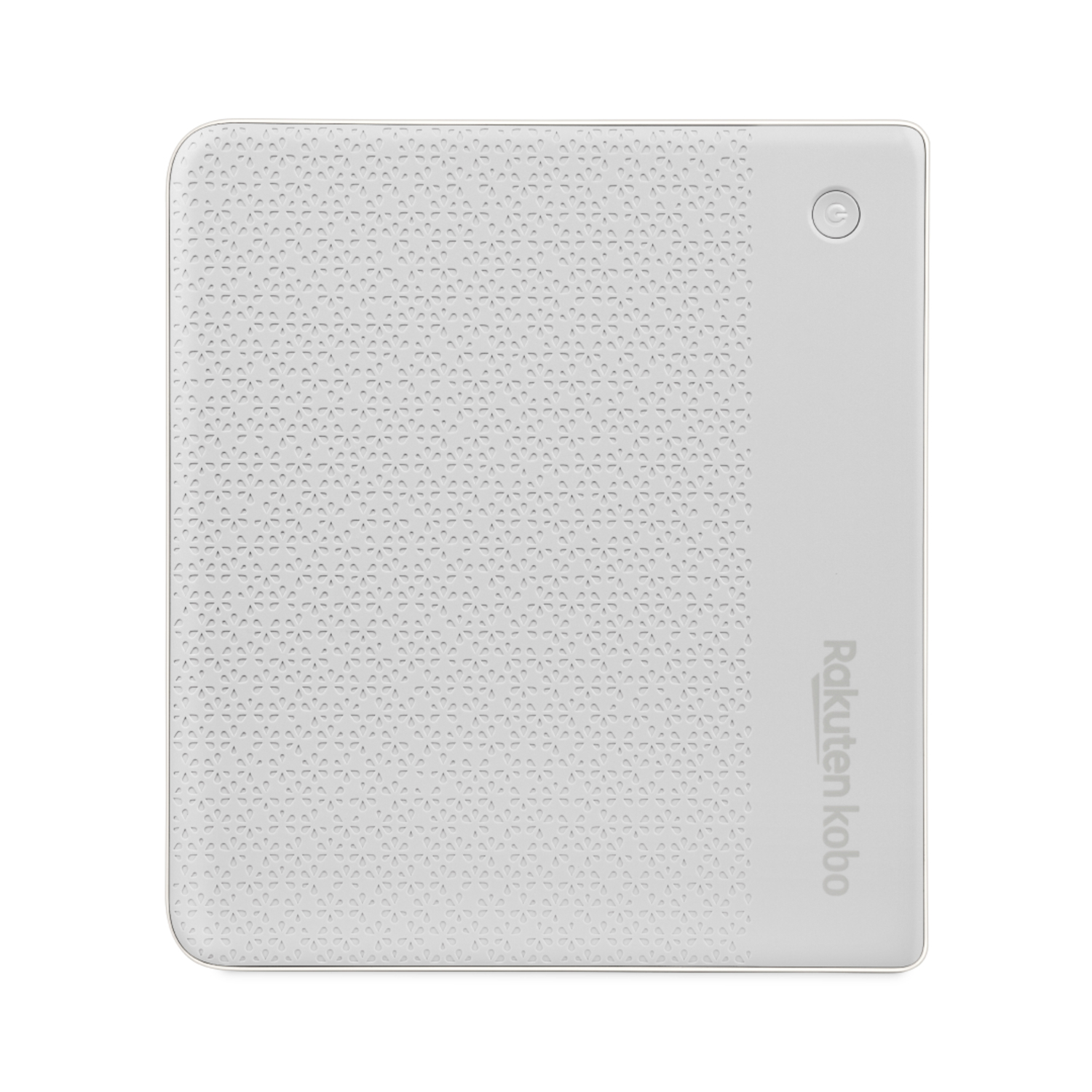 Liseuse Rakuten Kobo blanche, vue de dessus, avec un bouton d'alimentation sur le côté droit. Surface texturée.