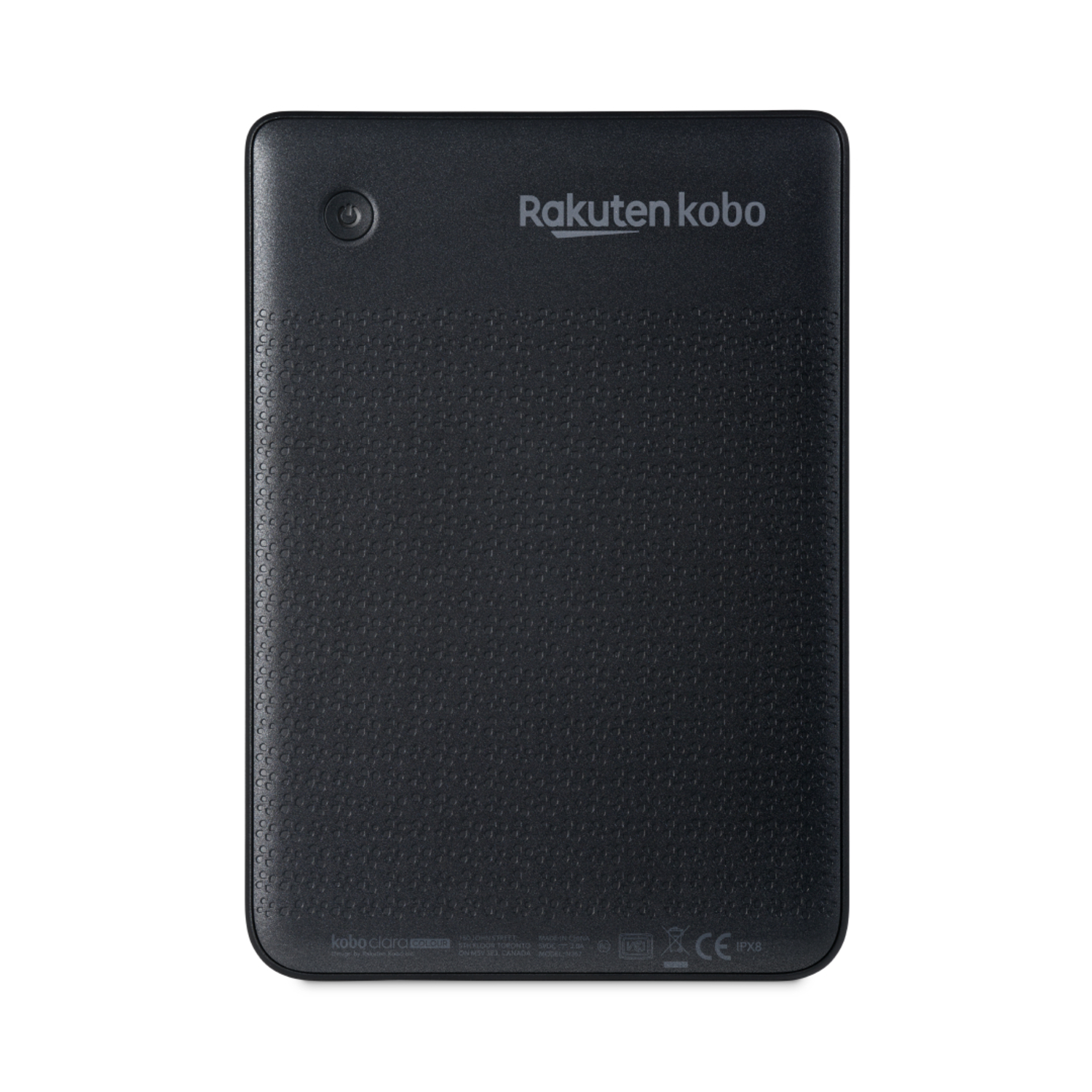 Le dos d'une liseuse Rakuten Kobo noire, avec un motif texturé et un bouton d'alimentation.
