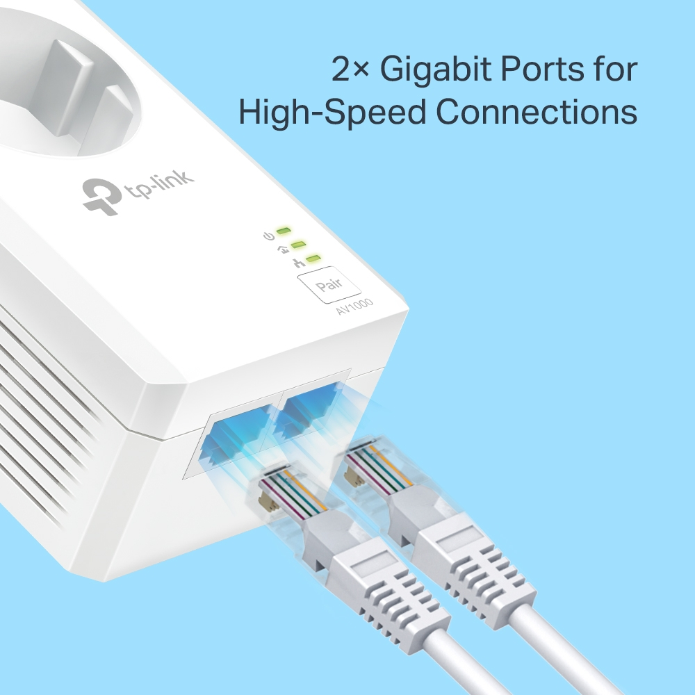 Weißes Gerät mit zwei Ethernet-Anschlüssen. Zwei Netzwerkkabel eingesteckt, auf blauem Grund.