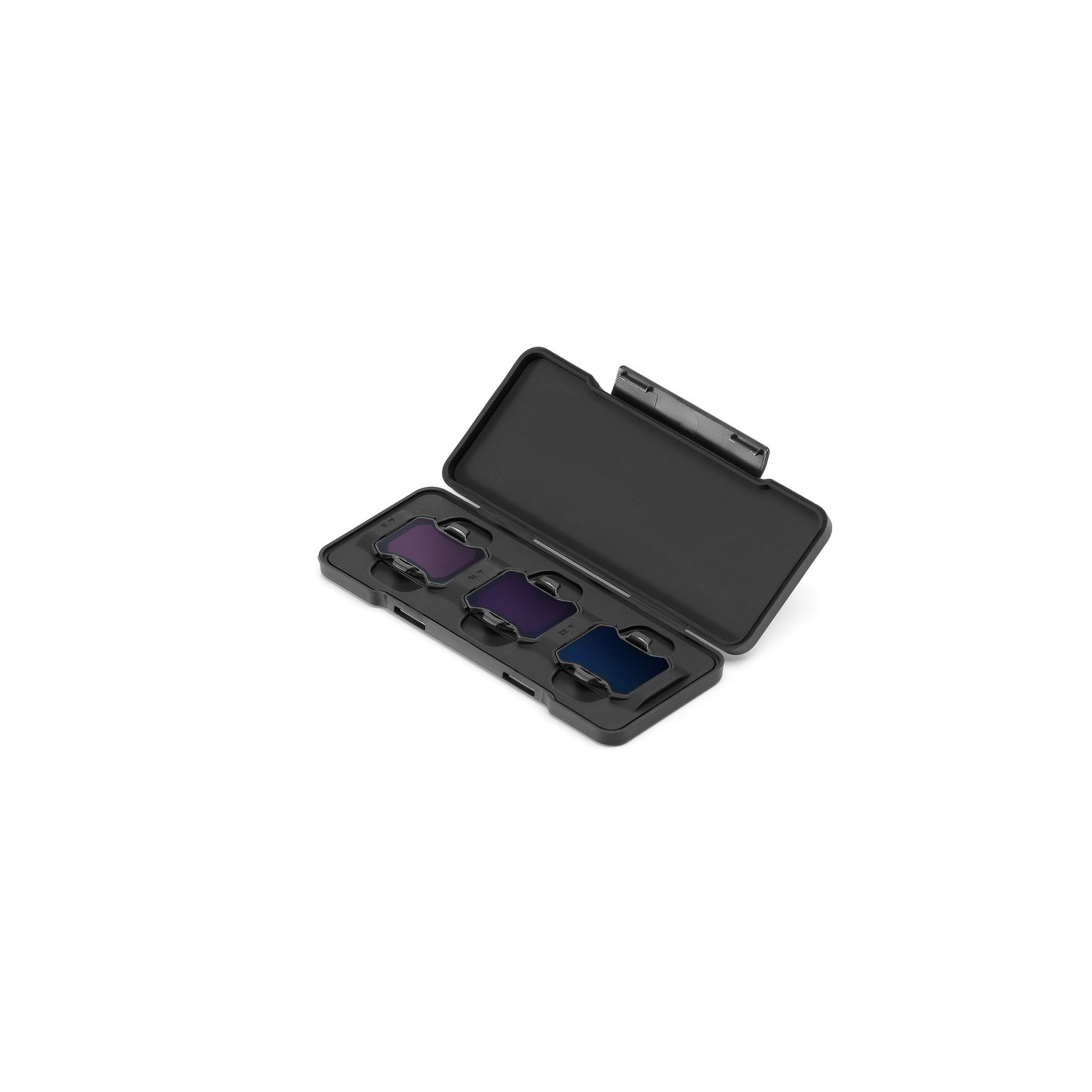Zwarte case met drie lensfilters. Ze zijn in verschillende tinten paars.