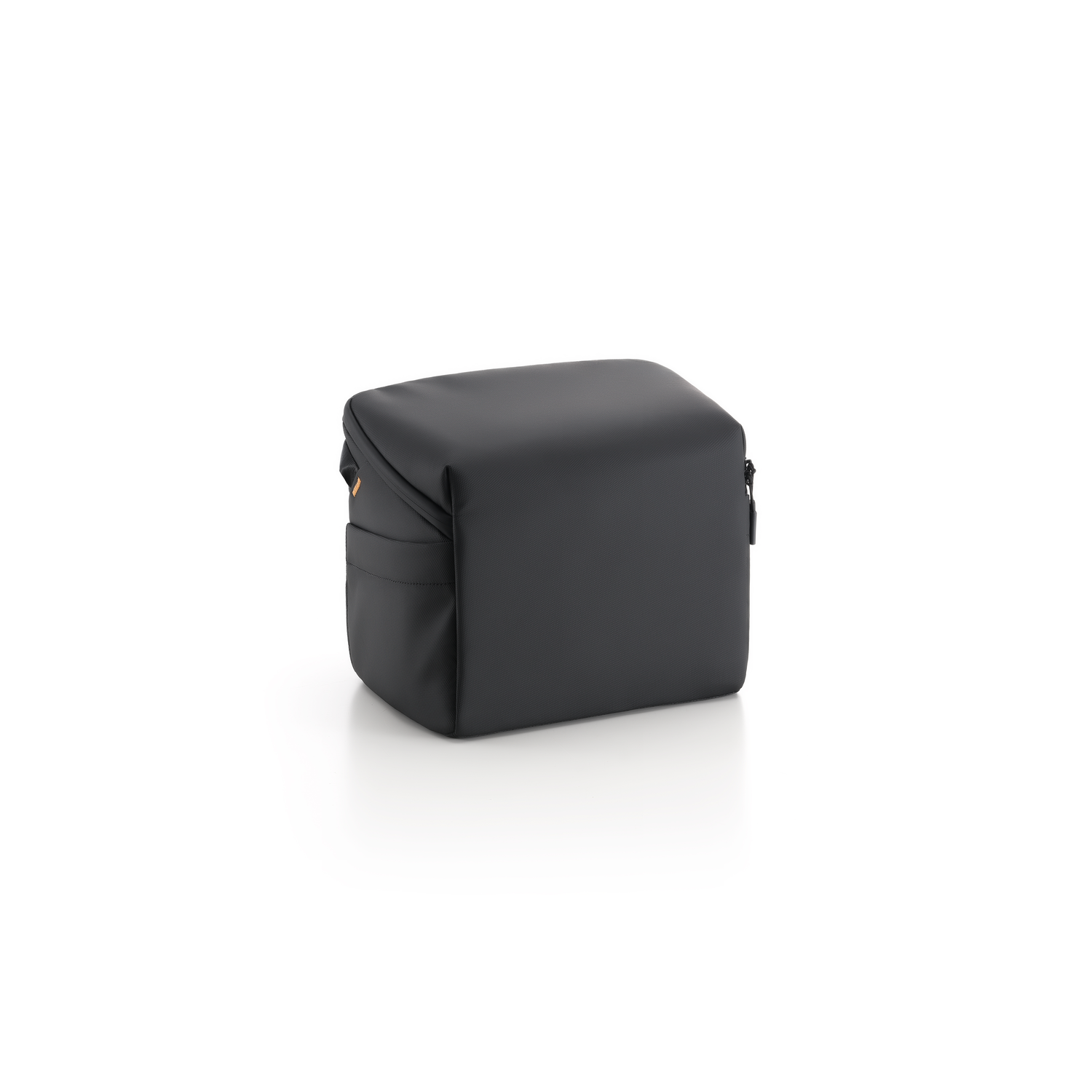 Black camera bag on a white background. It is a boxy design with a side pocket.