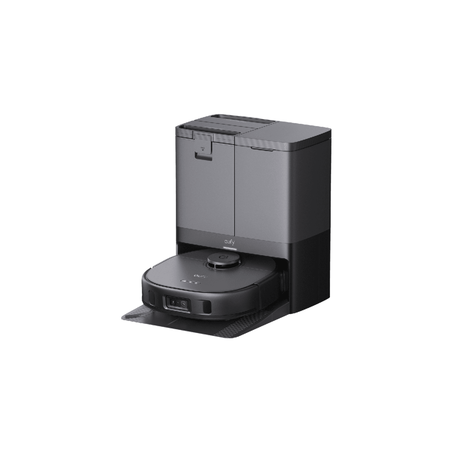 Robotstofzuiger met oplaadstation, donkergrijze kleur.