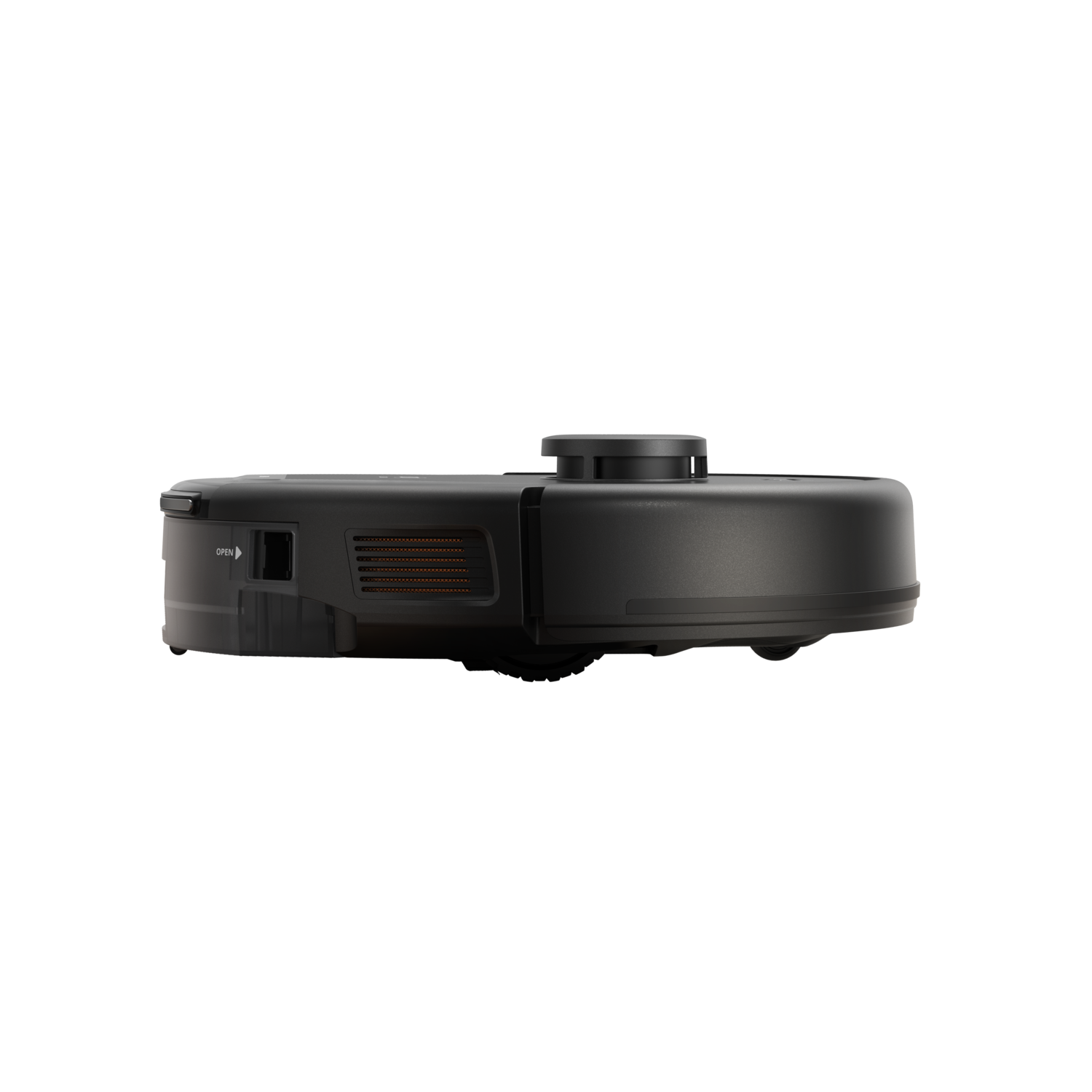 Black robot vacuum cleaner, with a black body, and a side panel with an open mark.