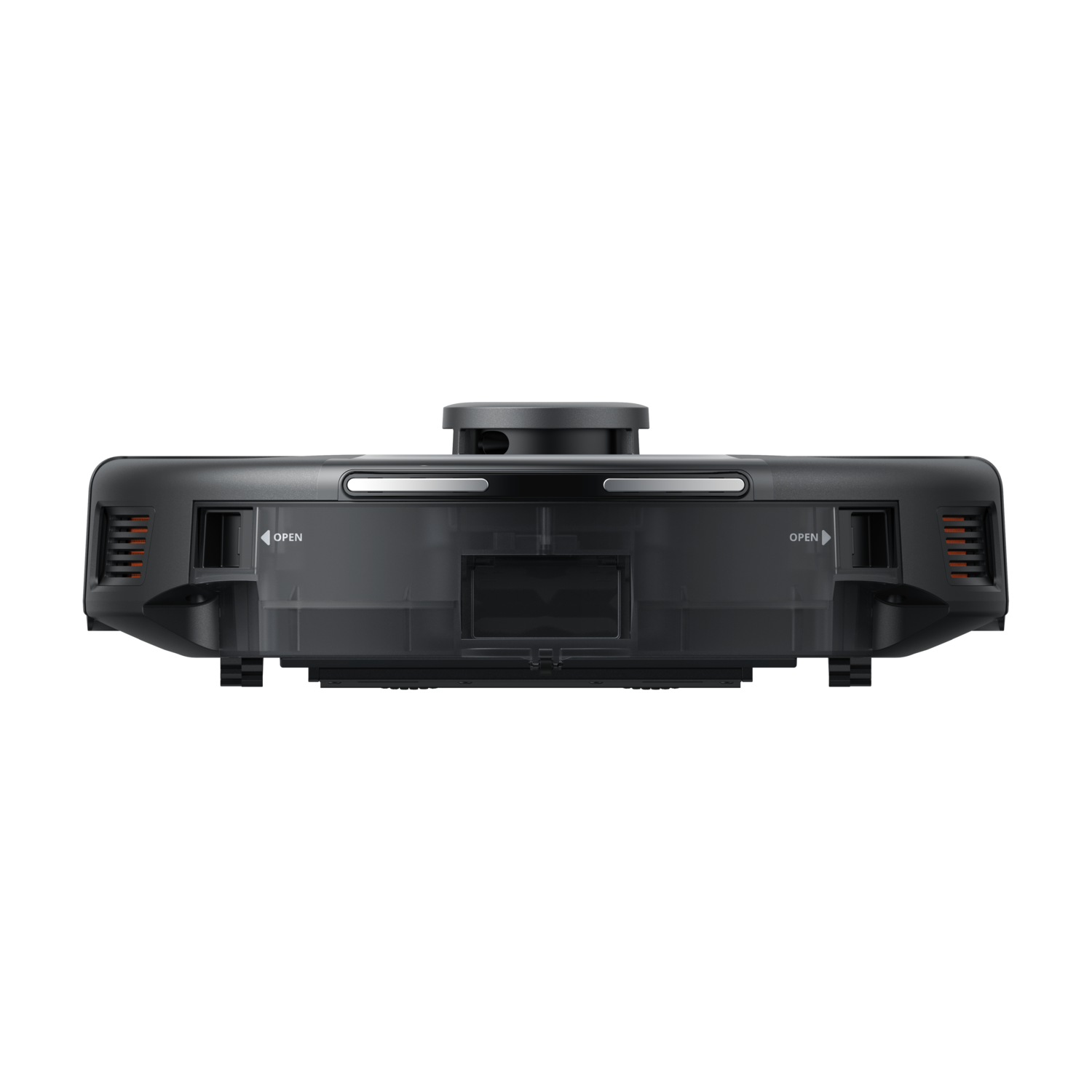 Robot vacuum cleaner from below. Black color. Has a transparent compartment. Black background.