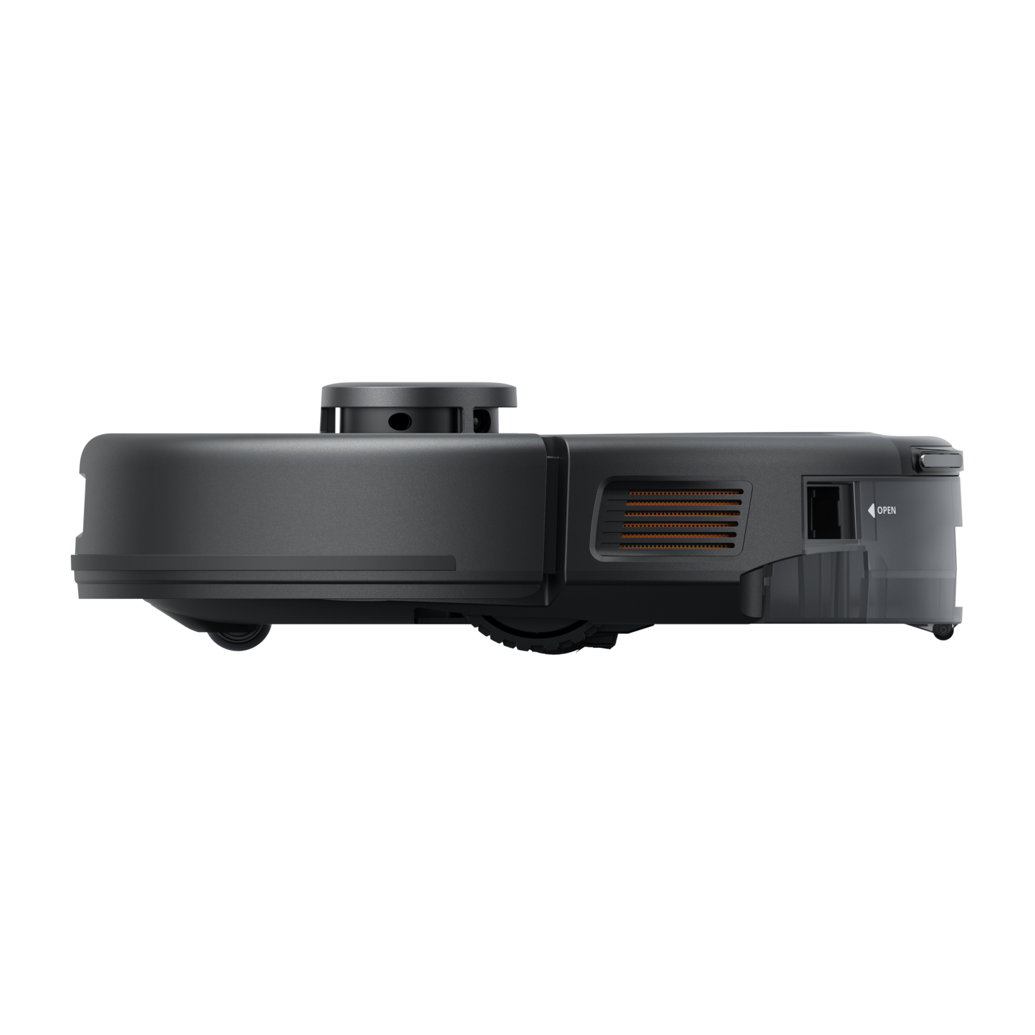 A black robot vacuum cleaner. The top is smooth and dark, with a small open section.