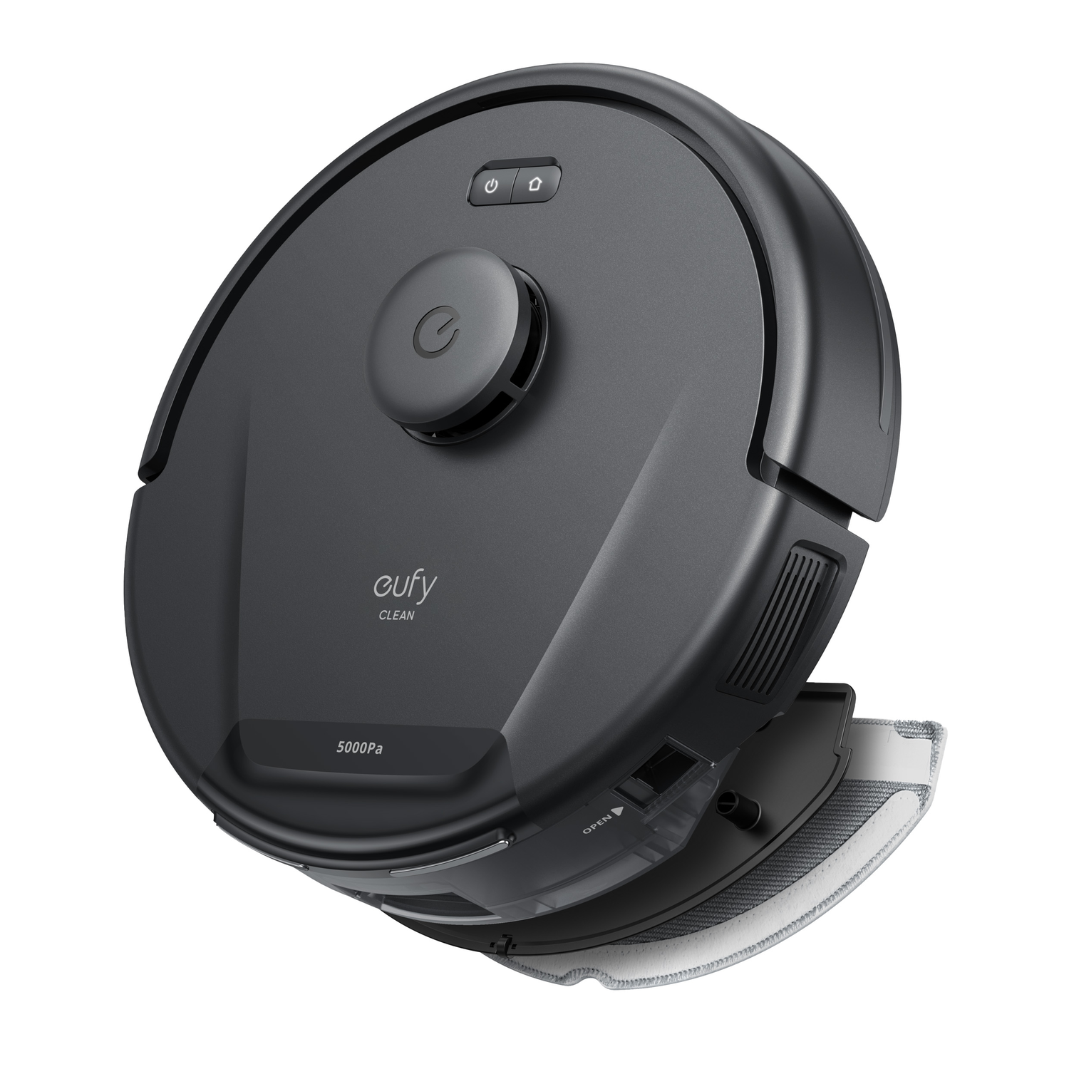 A black robot vacuum cleaner with a round shape, top view.