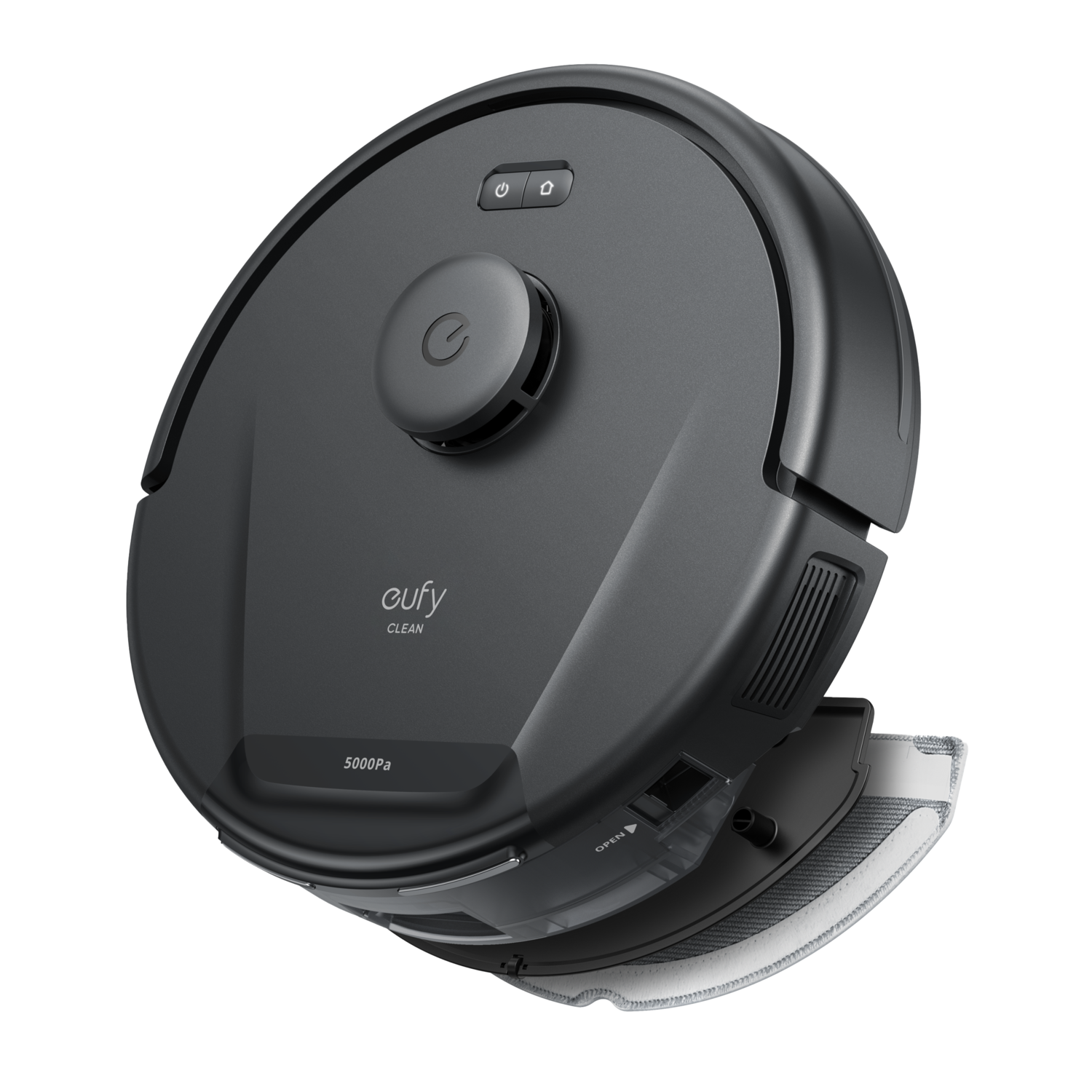 Black eufy robot vacuum cleaner with a top circular button and a side compartment for cleaning.