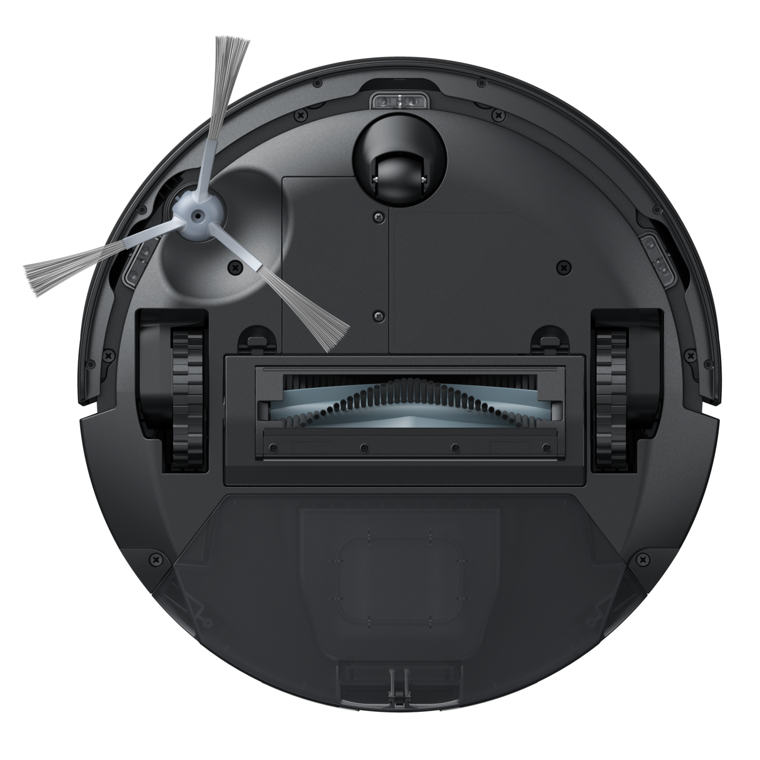 Top view of a black robot vacuum cleaner with brushes and wheels.