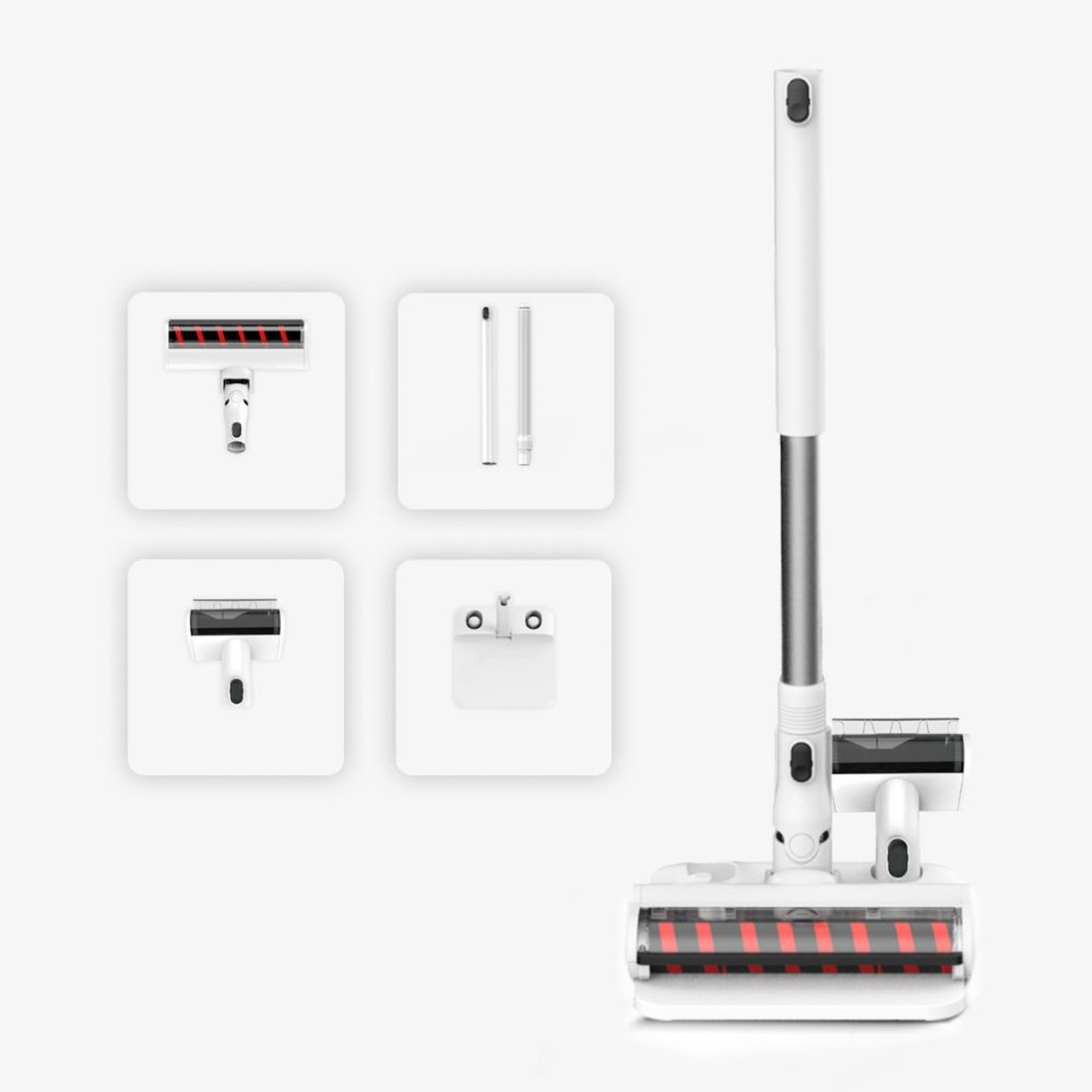 Aspirapolvere bianco con accessori su sfondo bianco.