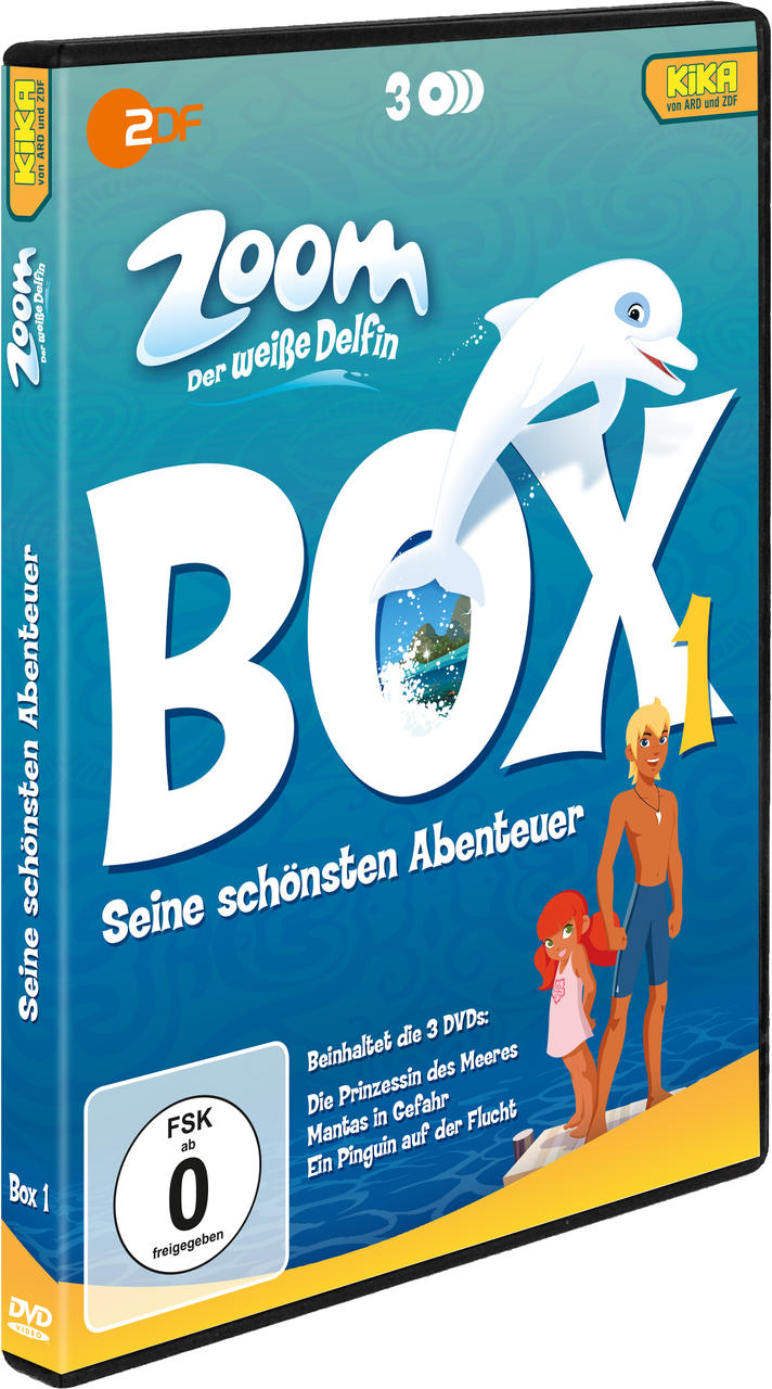 DVD-Box-Set eines Zeichentrickfilms mit einem weißen Delfin und zwei Kindern auf dem Cover.