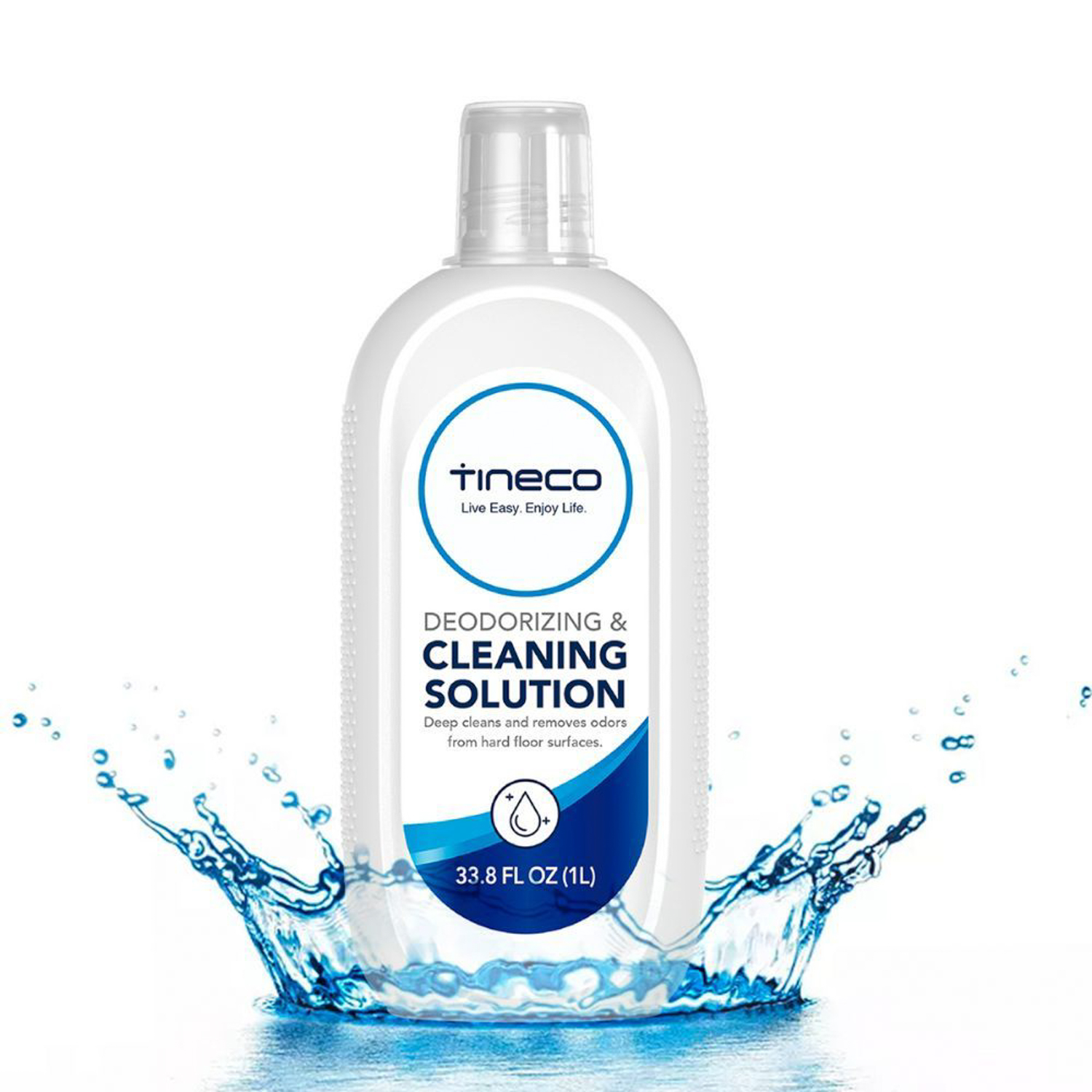 Una bottiglia bianca con un'etichetta blu e un'esplosione d'acqua intorno. L'etichetta dice soluzione detergente.