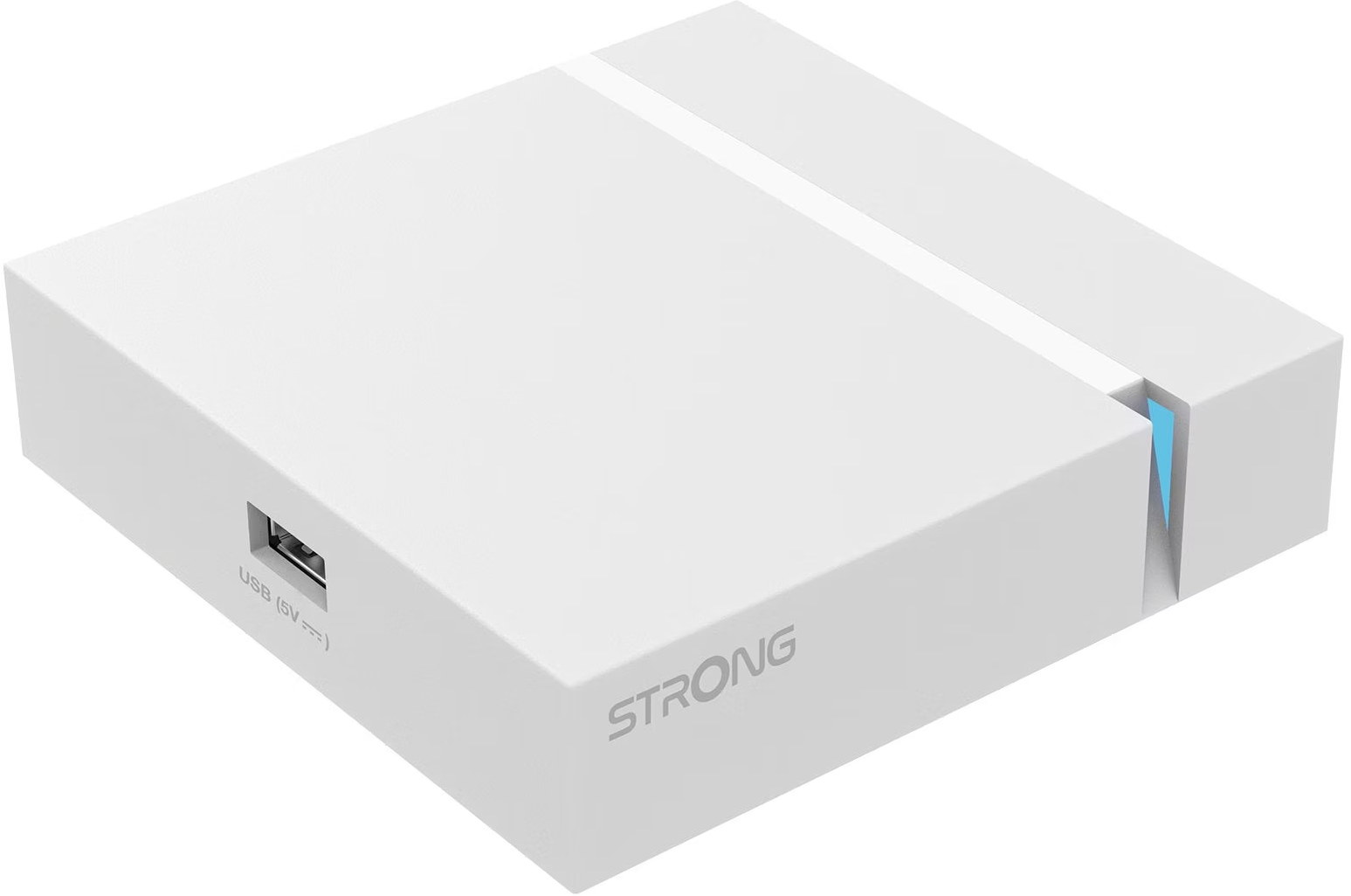 Weiße Set-Top-Box mit dem STRONG-Logo und einem USB-Anschluss. Blauer Akzent oben.