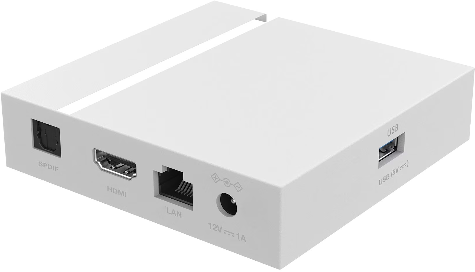 Weißes rechteckiges Gerät mit Anschlüssen. SPDIF, HDMI, LAN und USB. Oberseite hat einen Schlitz.