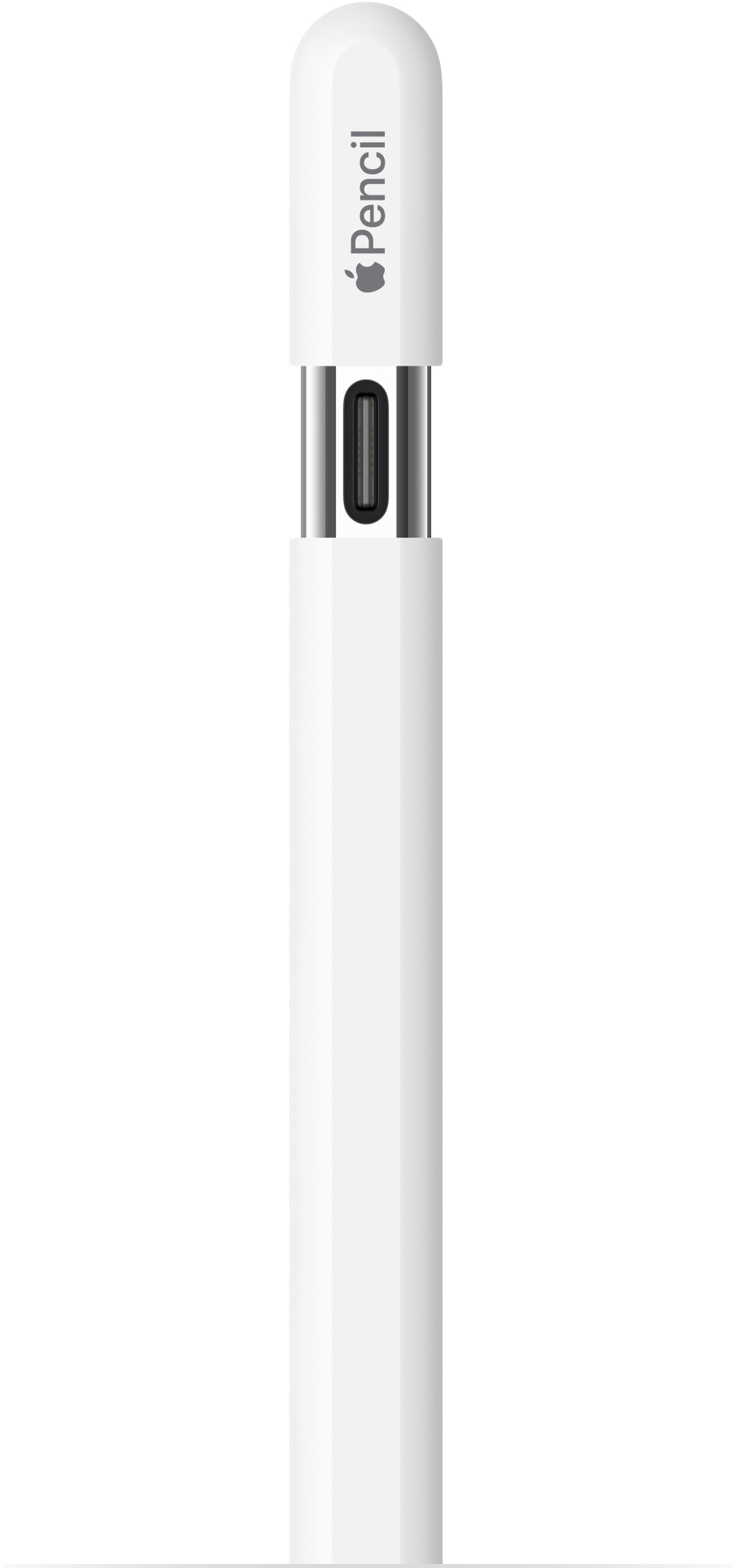 Fehér Apple Pencil logóval és kupakkal. Fekete terület és ezüst részletek.