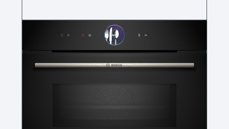 Horno Bosch negro con interfaz digital sobre fondo blanco.