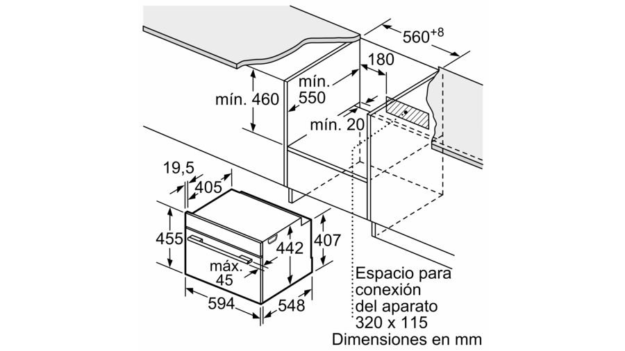 Dibujo técnico de un horno con dimensiones y espacio de conexión indicados.