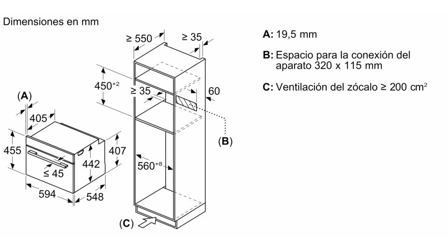 Diagrama de horno y frigorífico empotrados mostrando dimensiones en mm.