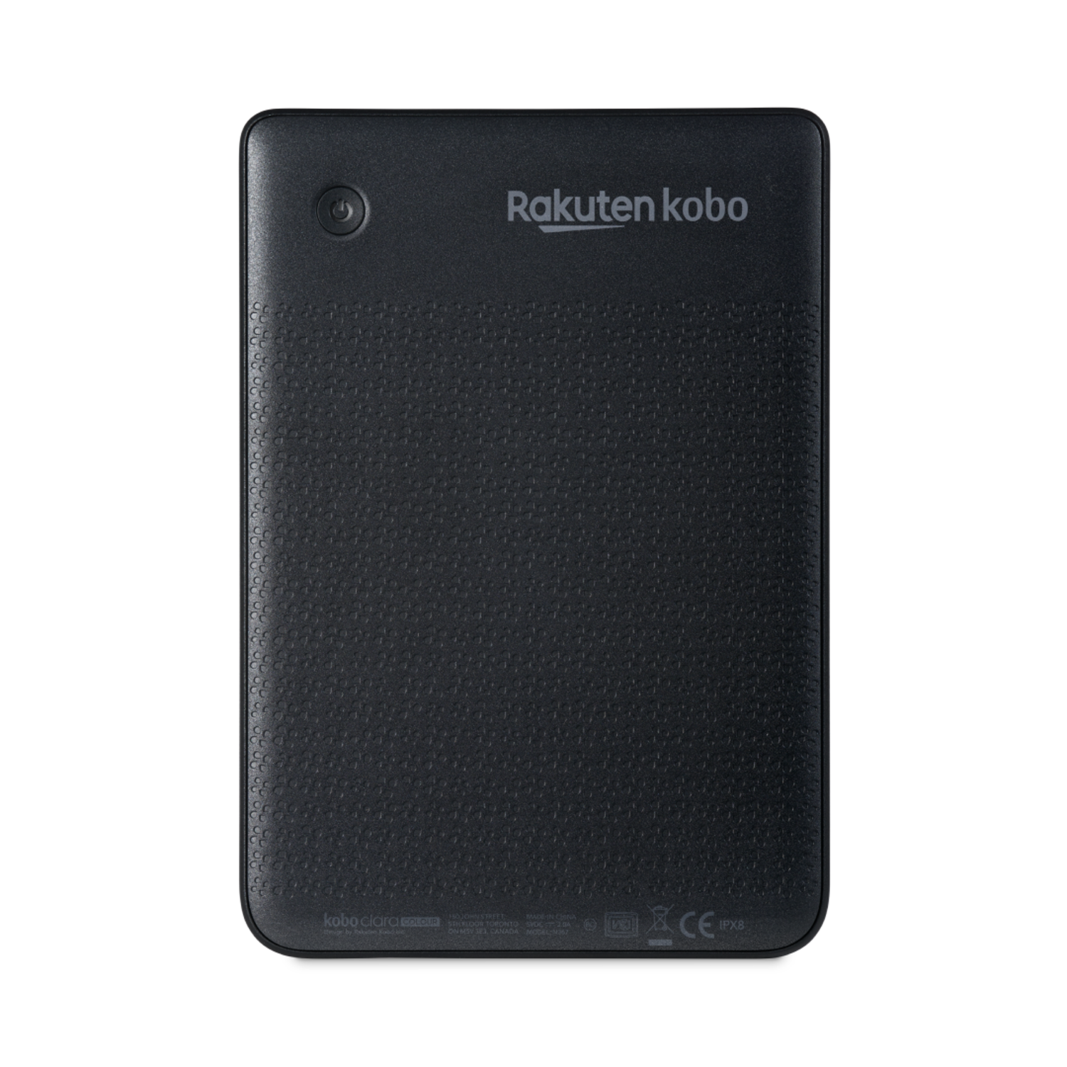 Achterkant van een zwarte Rakuten Kobo e-reader. Het heeft een gestructureerd oppervlak en een aan/uit-knop. Witte achtergrond.