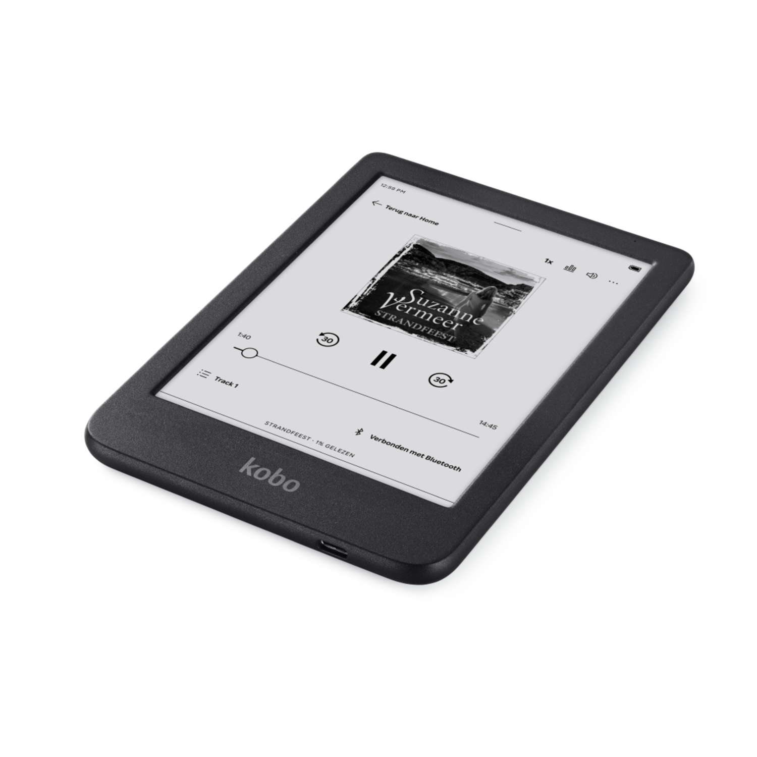 Een zwarte e-reader toont een boekomslag en afspeelbediening, op een wit oppervlak.