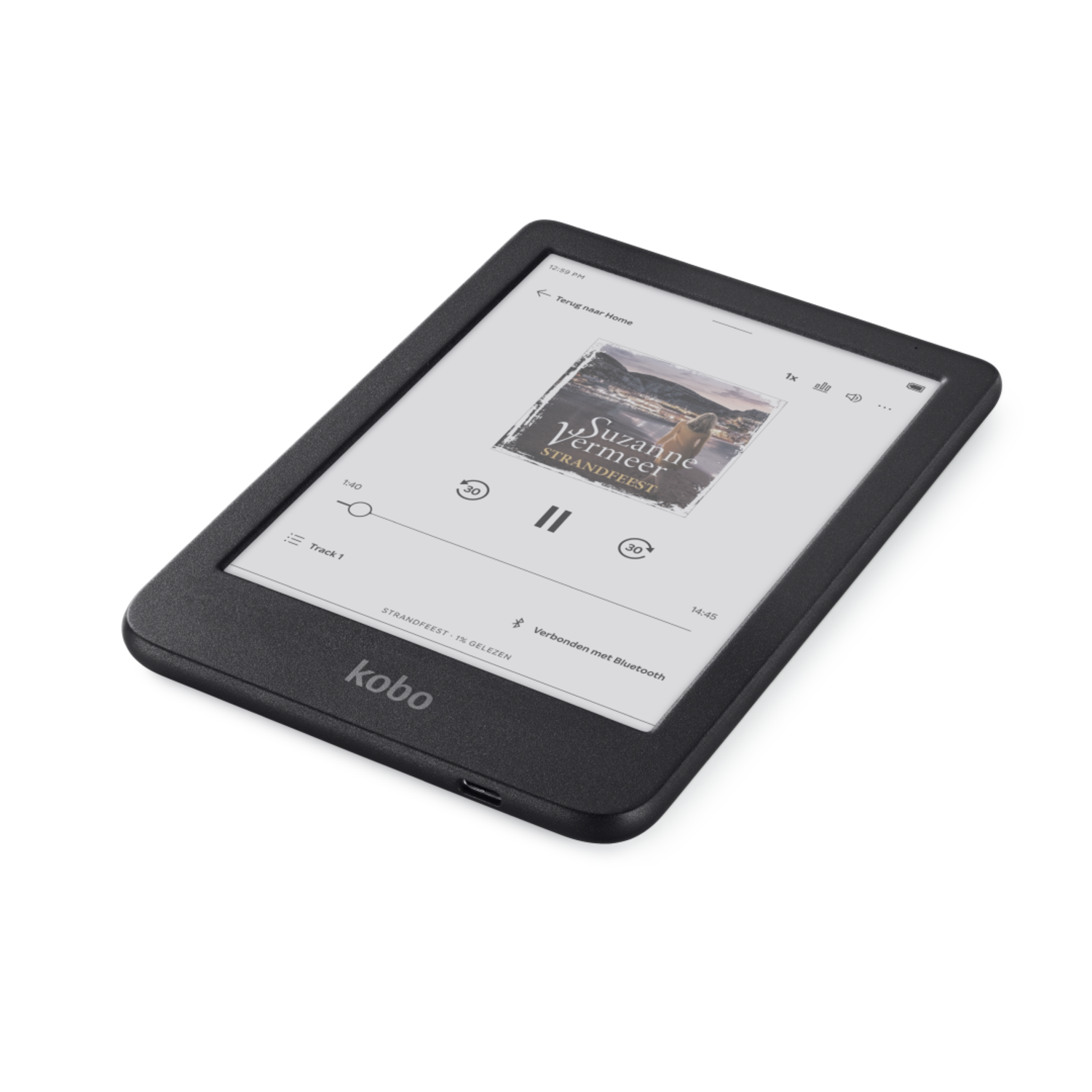 Zwarte e-reader op wit oppervlak. Toont een boekomslag, bedieningselementen en Kobo-logo.