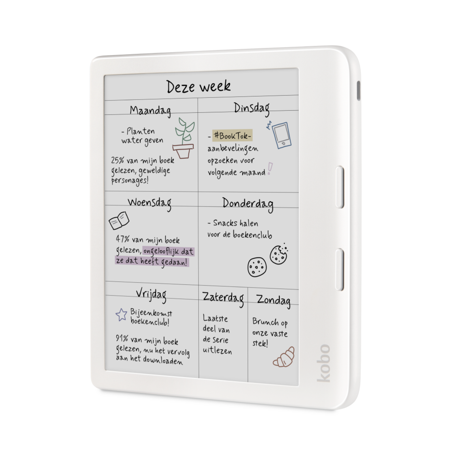 Witte e-reader met een weekschema weergegeven. Tekst en krabbels zijn zichtbaar op het scherm.