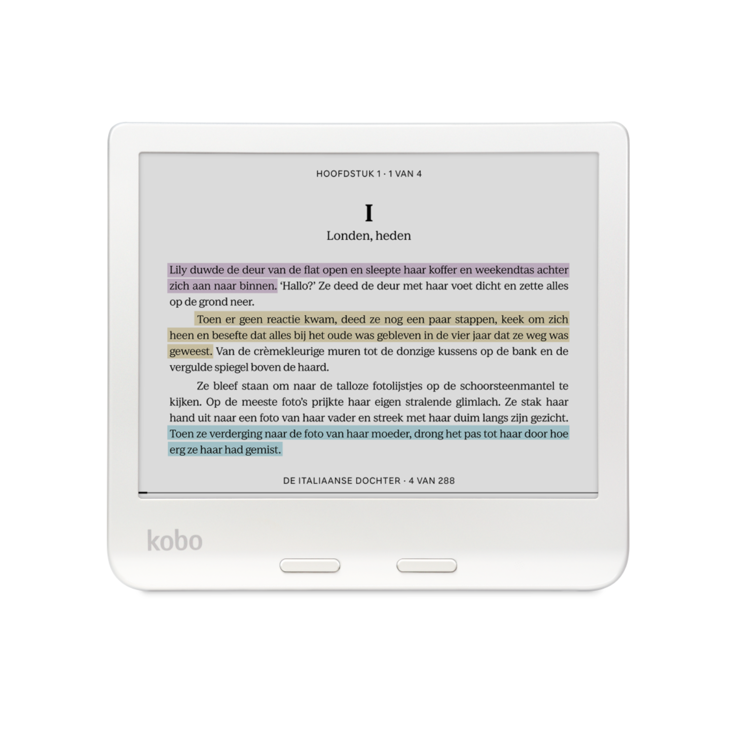 Kobo e-reader met tekstweergave, met een witte rand en een lichtgrijs scherm.