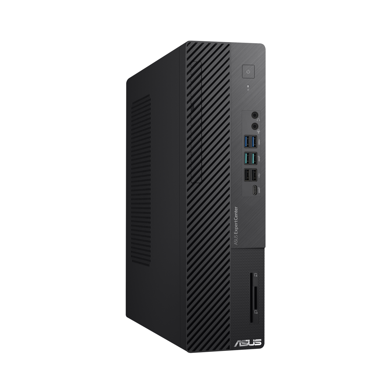 Zwarte desktopcomputerbehuizing met ASUS-logo, zijaanzicht.