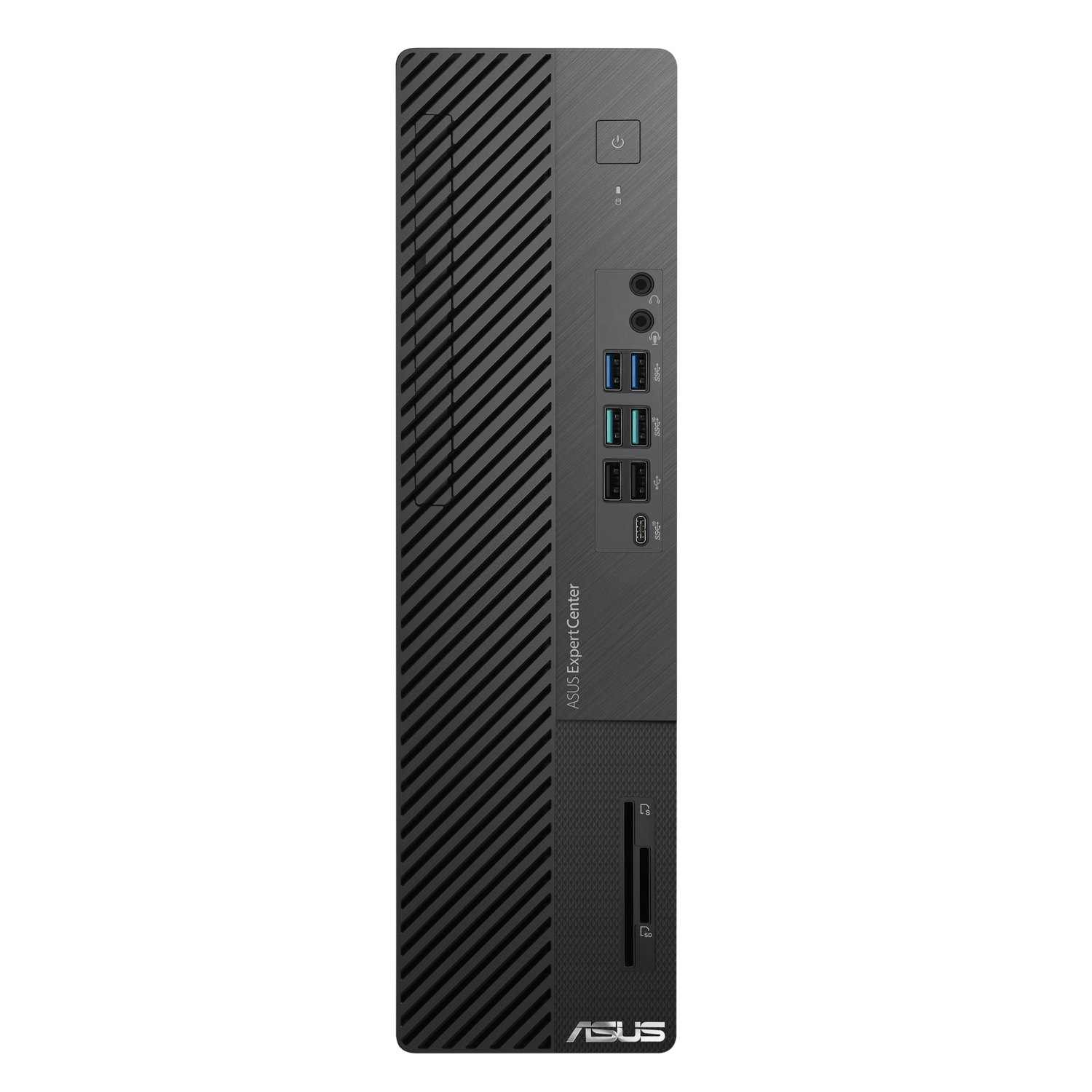 Een zwarte computertoren met een aan/uit-knop, poorten en het ASUS-logo.