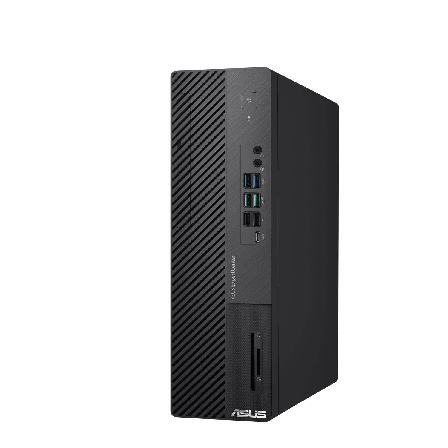 Zwarte computertoren, met ASUS Expert Center logo en poorten, op een zwarte achtergrond.