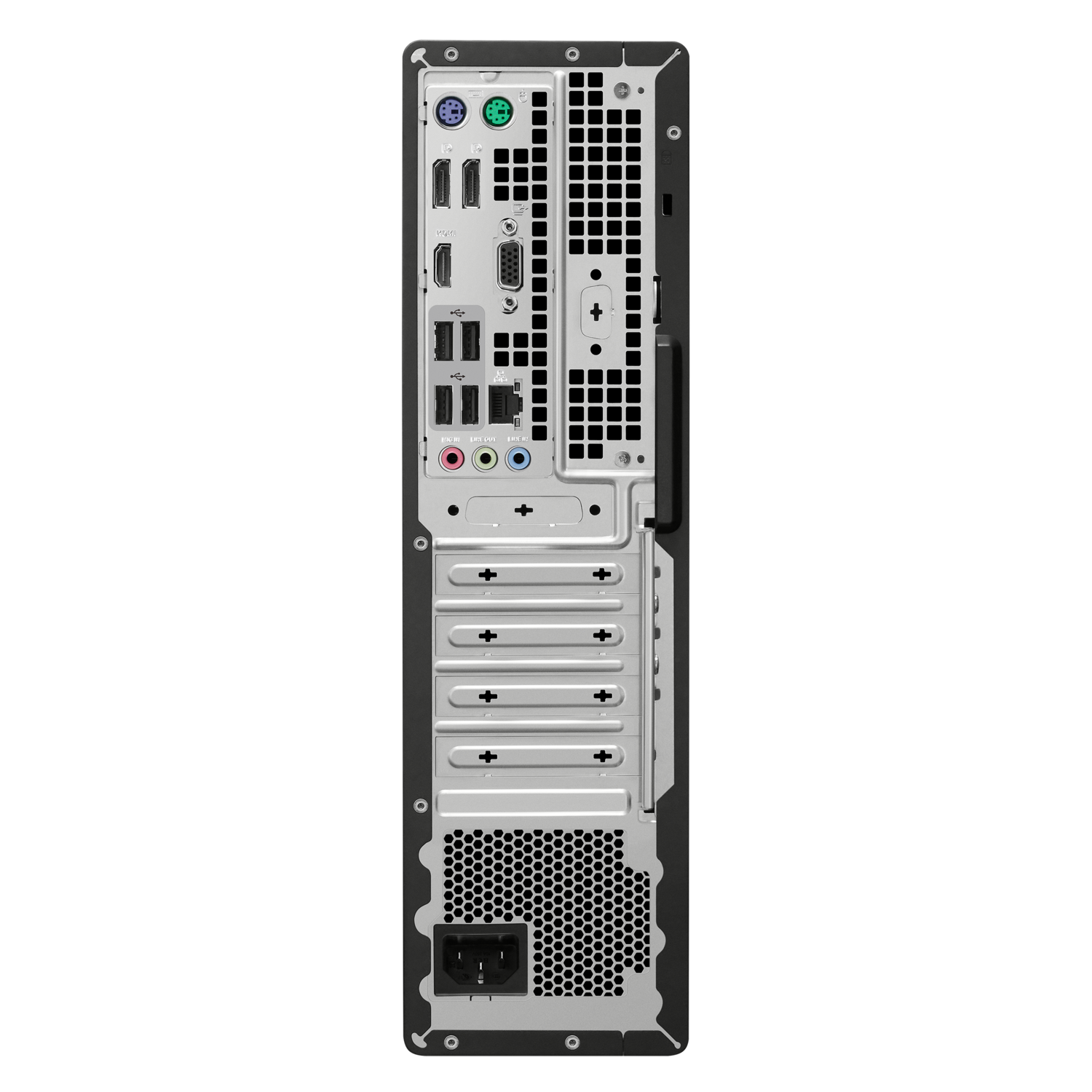 Achteraanzicht van een computertoren met poorten en connectoren. Zwarte achtergrond.