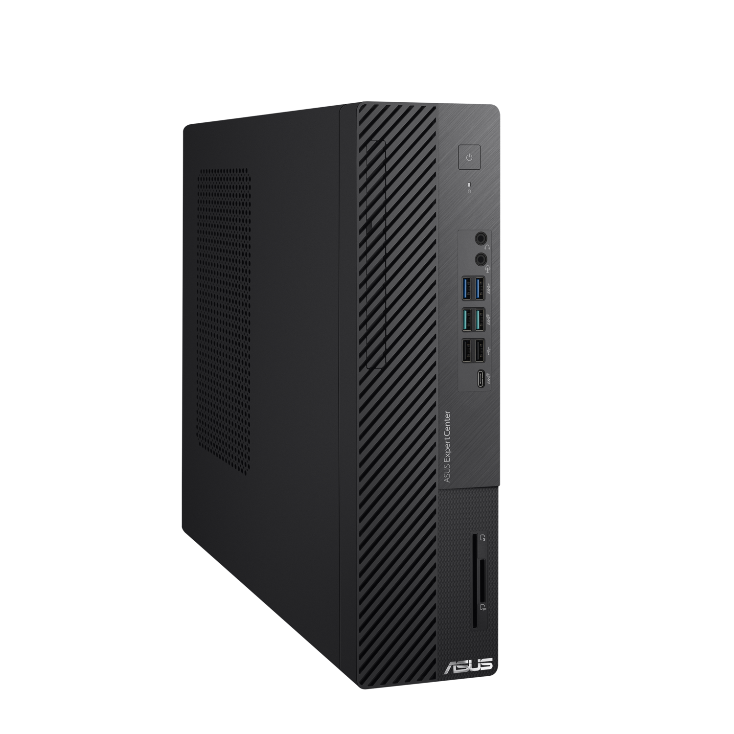 Een zwarte ASUS ExpertCenter desktopcomputer, schuin geplaatst, op een zwarte achtergrond.