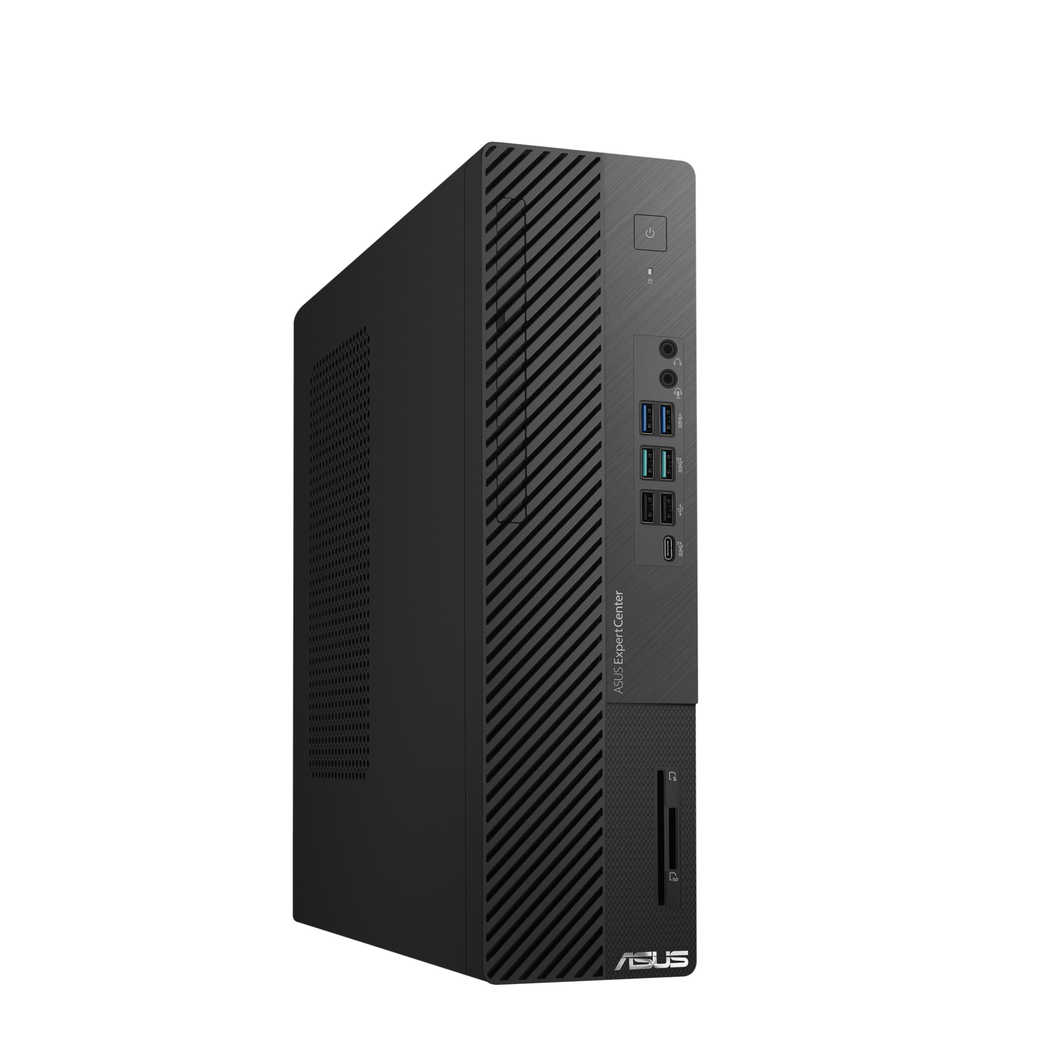 Een zwarte ASUS ExpertCenter computer op een zwart oppervlak.