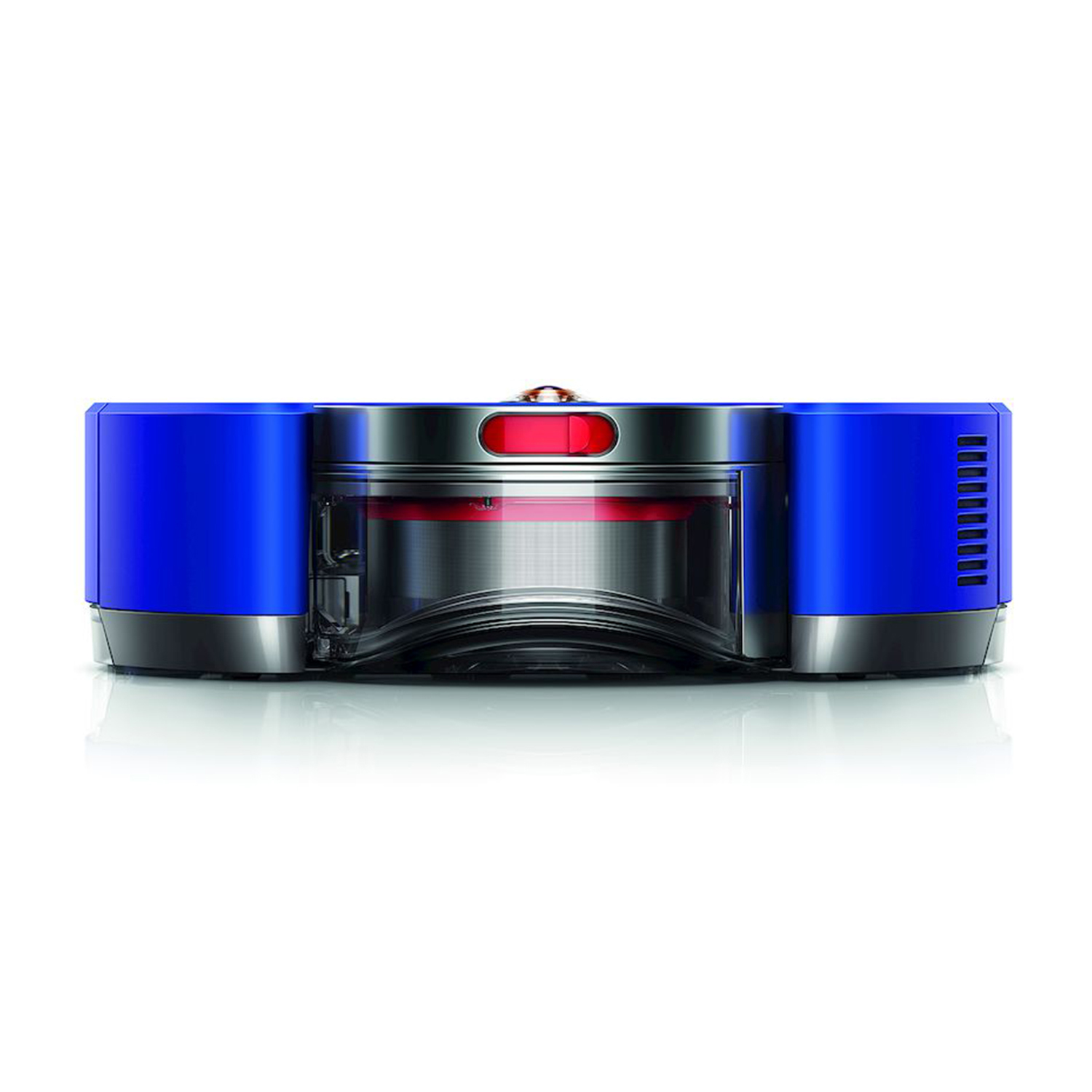 Un aspirapolvere robot blu con un pulsante rosso e dettagli argentati. È su una superficie bianca.