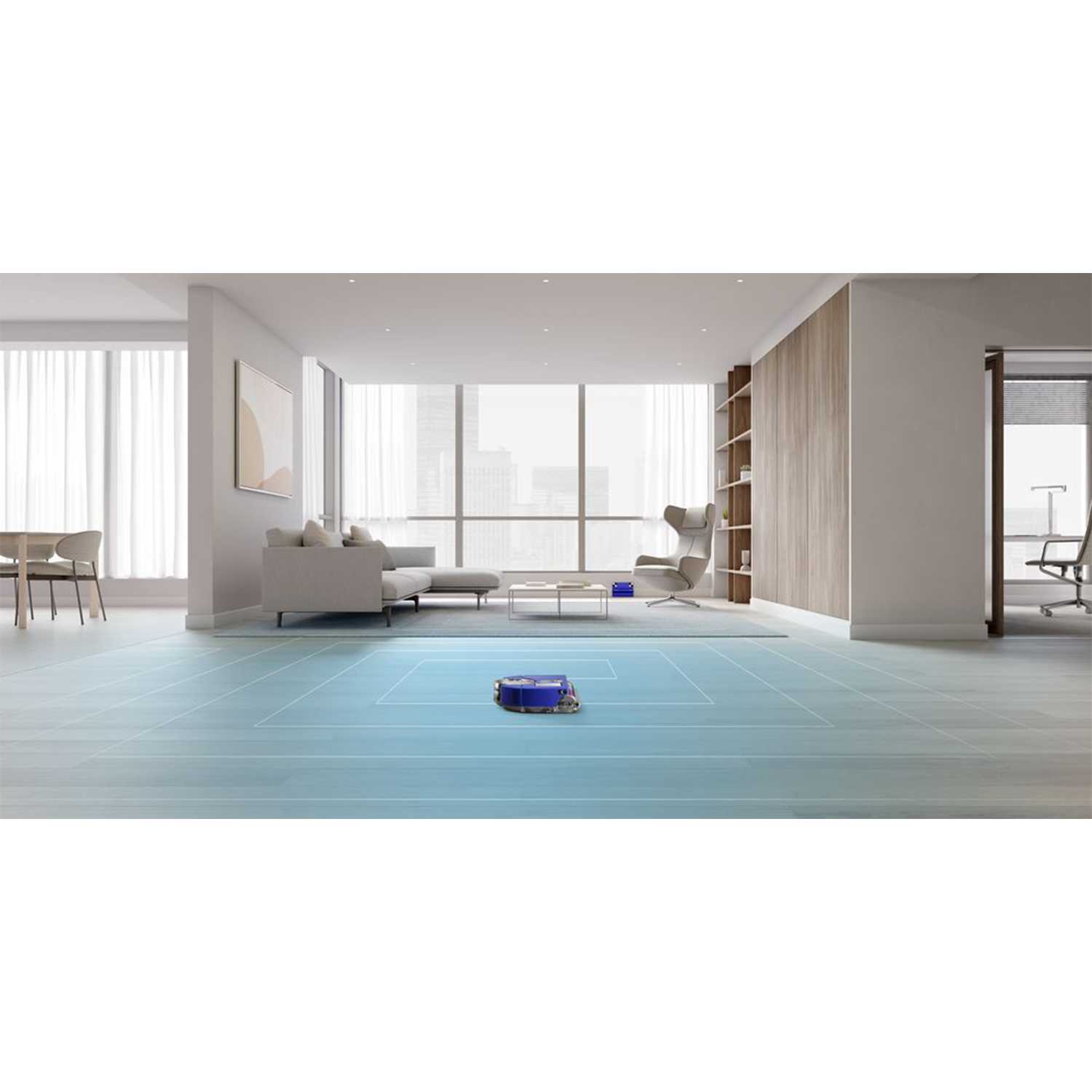 Un aspirapolvere robot blu su un pavimento azzurro. Un soggiorno sullo sfondo.