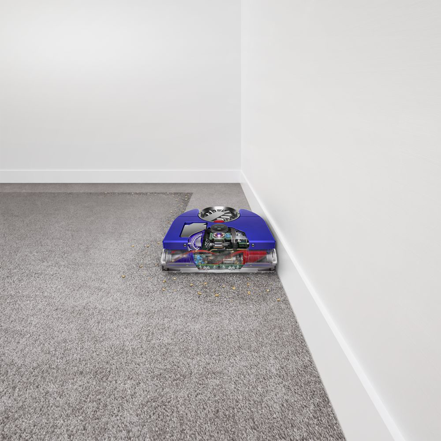 Aspirapolvere robot, vista in sezione, che mostra i componenti interni. È blu, in un angolo con moquette grigia.