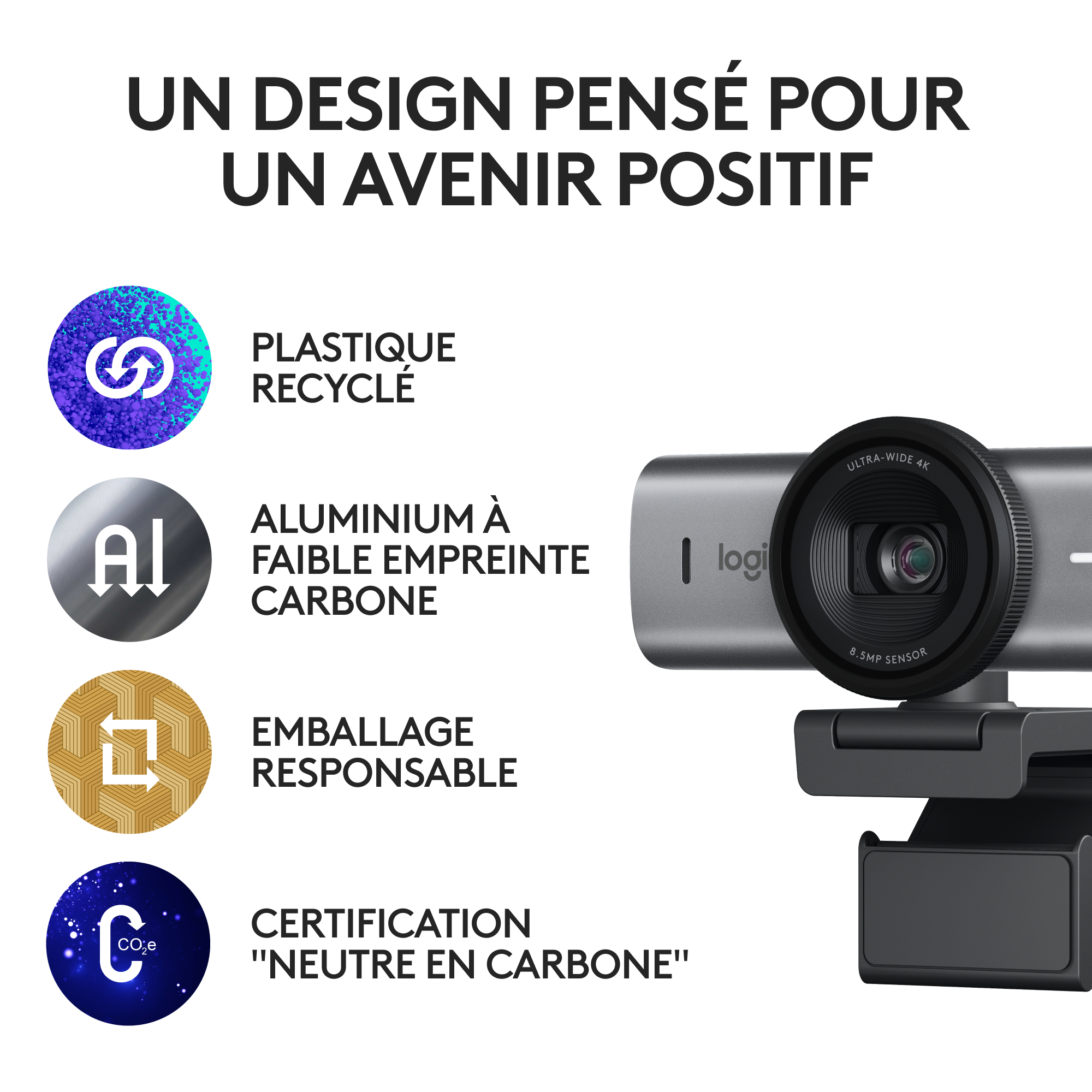 Publicité Logitech avec des icônes pour le plastique recyclé, l'aluminium bas carbone et le carbone neutre.