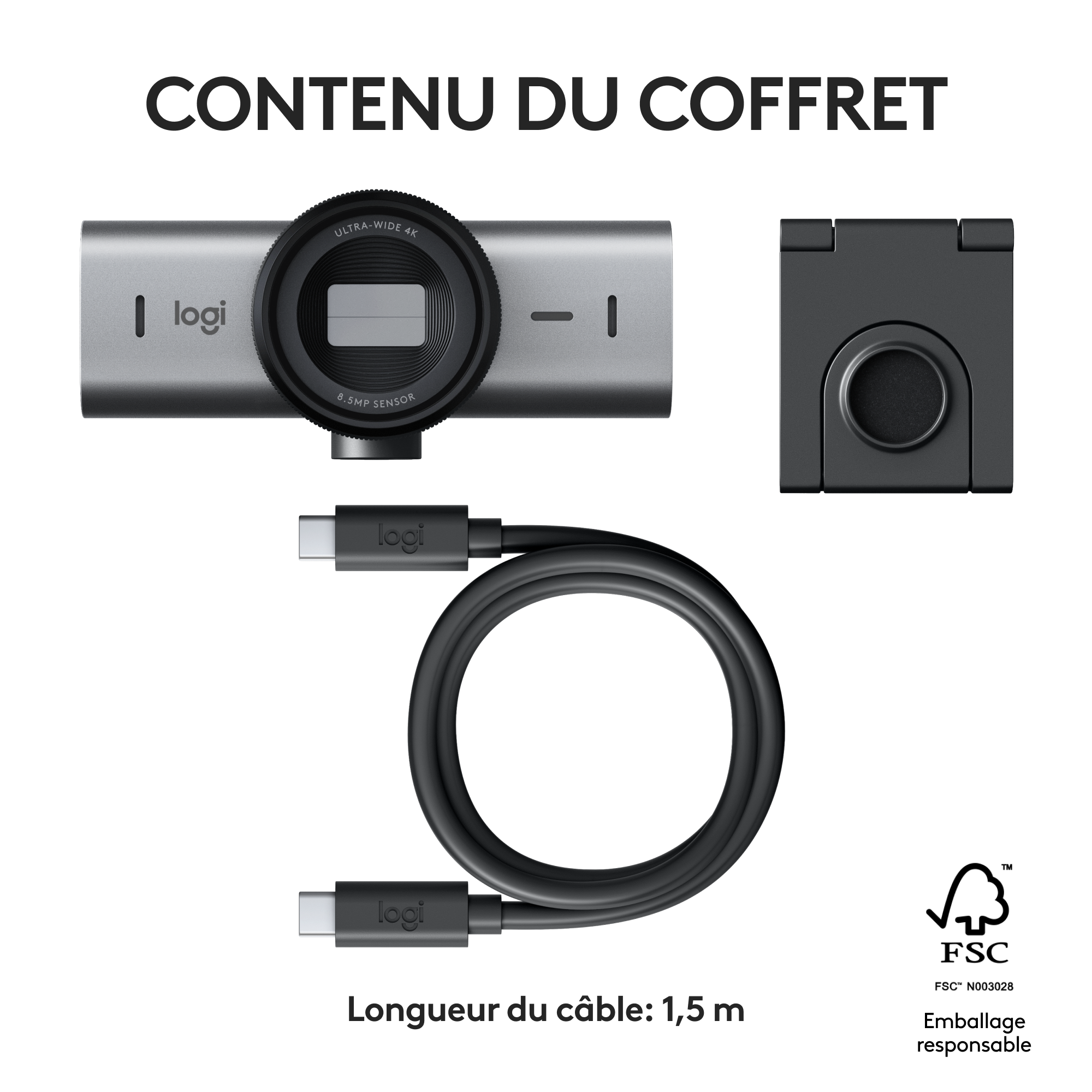 Webcam avec accessoires, câble, fond blanc.