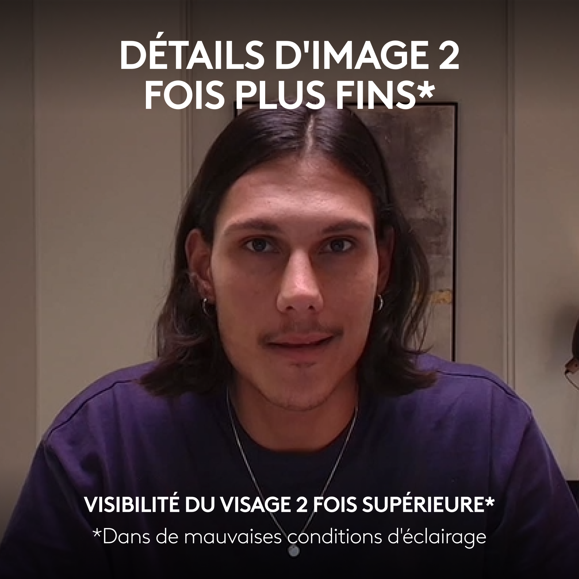 Homme, texte : 'Détails d'image 2 fois plus fins' (Détails de l'image 2 fois plus fins).