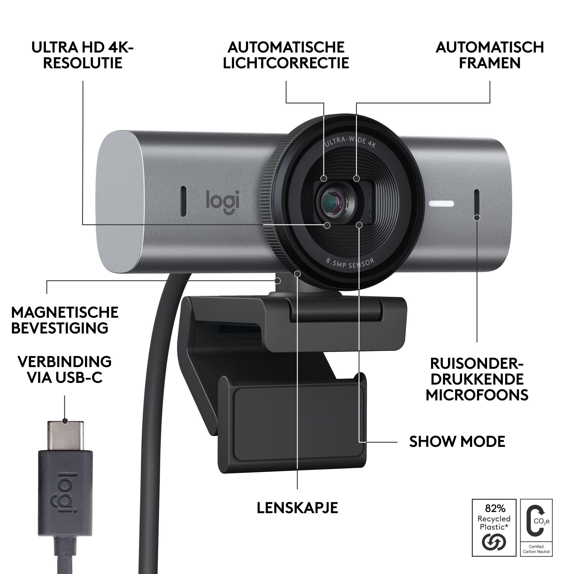Webcam with labels. Features include Ultra HD, automatic light correction, and noise-canceling mics.