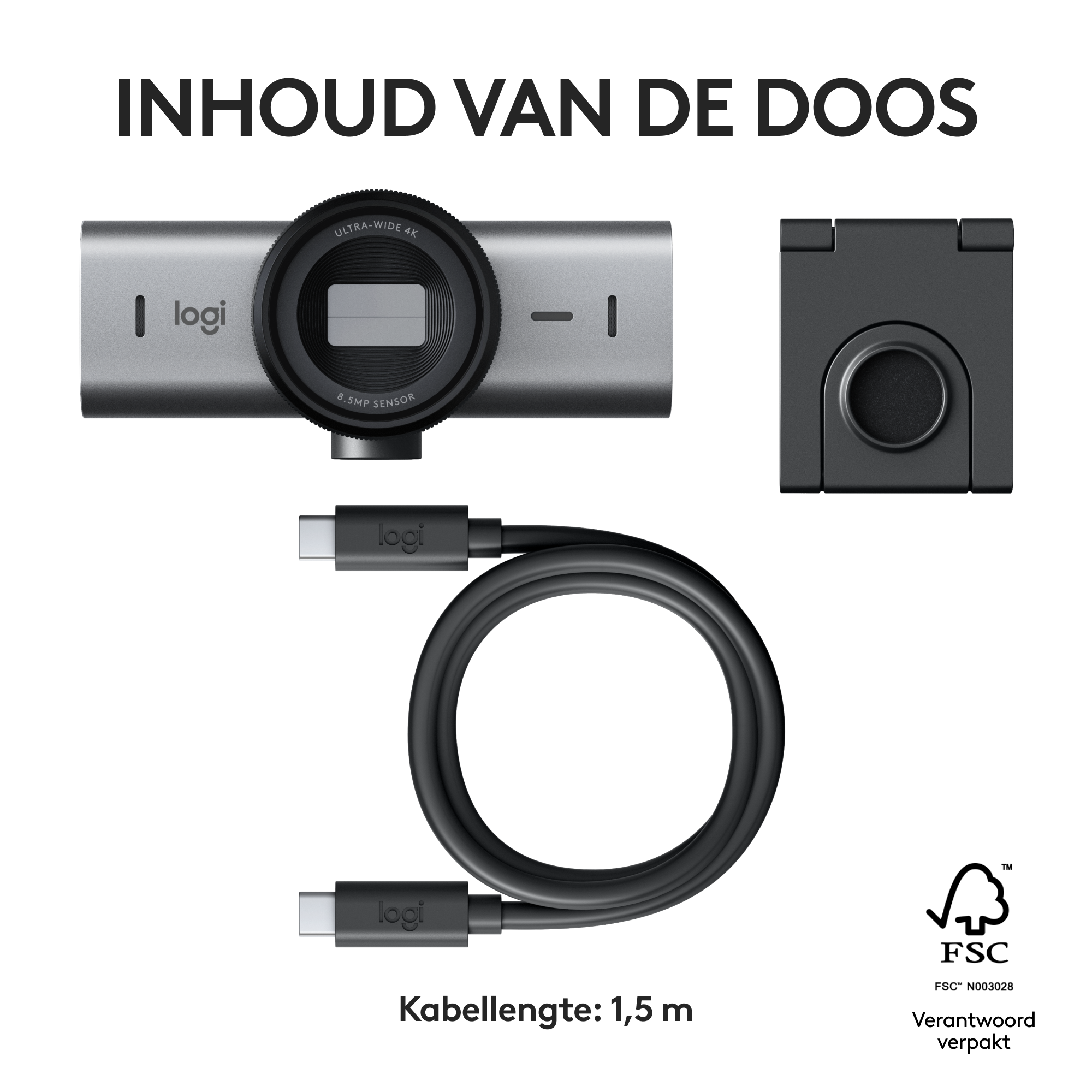 Webcam, USB-C cable, and a stand on a white surface. Text: 'Contents of the box'.