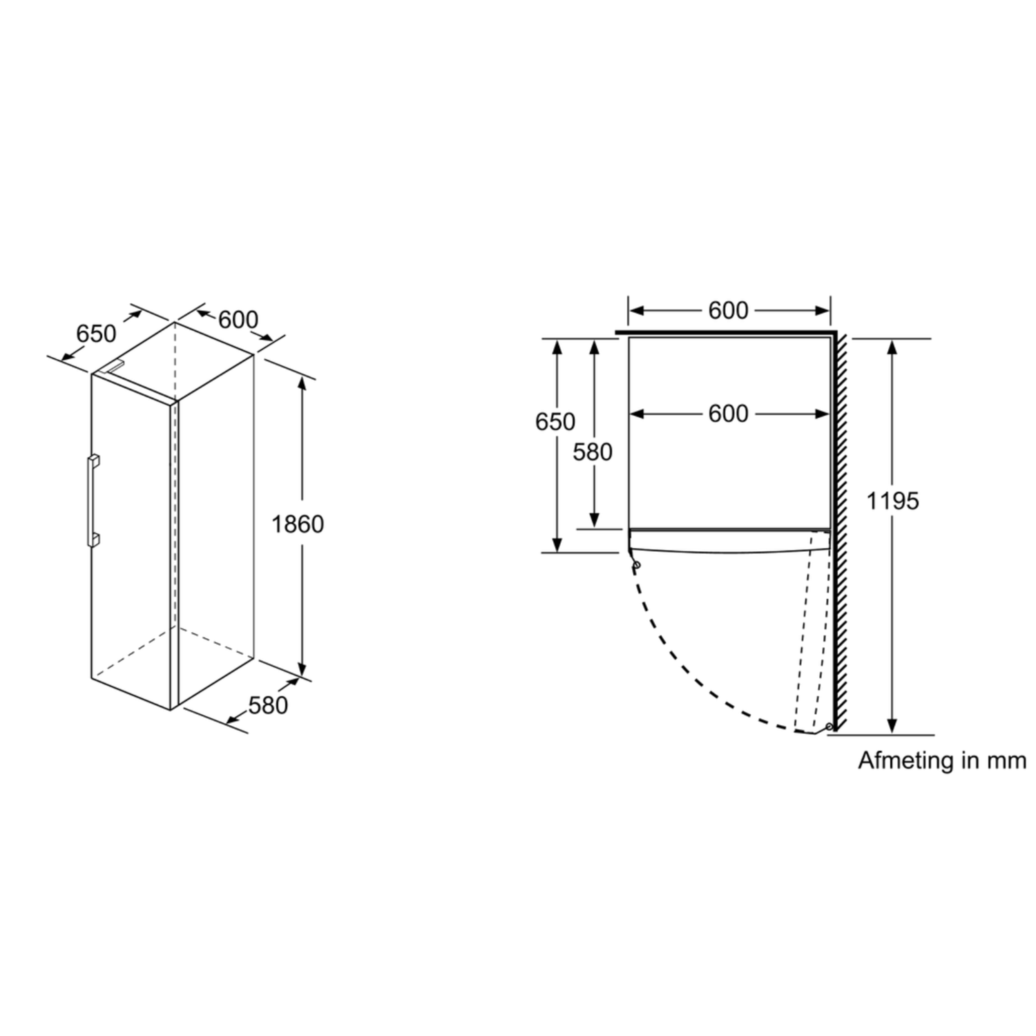 Technical drawing of a refrigerator. Dimensions are in mm. Isometric view and a front view.